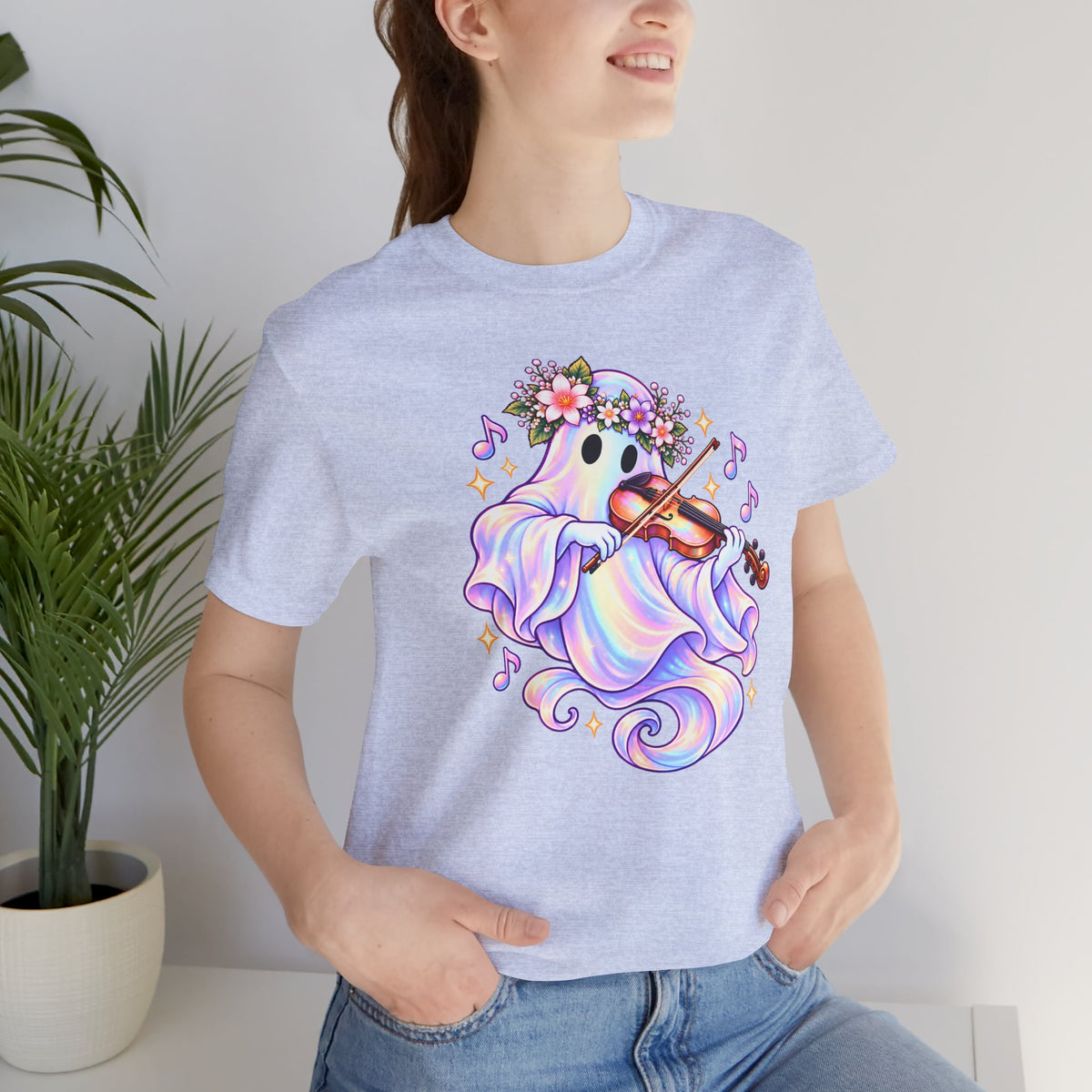 Ghost Violin T-Shirt, Cute Pastel Floral Music Lover Tee - 14528