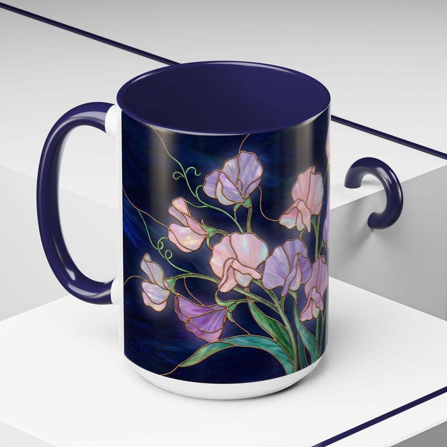 Sweet Pea Floral Accent Coffee Mug — Stained Glass Design 11/15oz - 14587