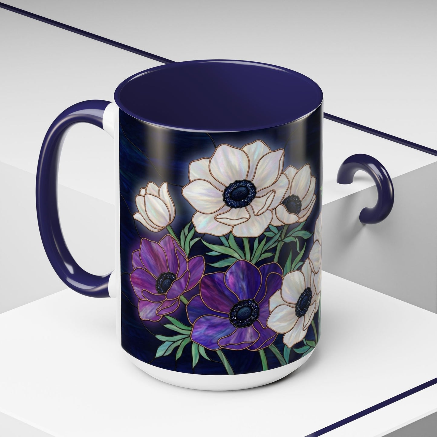 Floral Anemone Accent Coffee Mug — Stained Glass Design 11/15oz - 14552