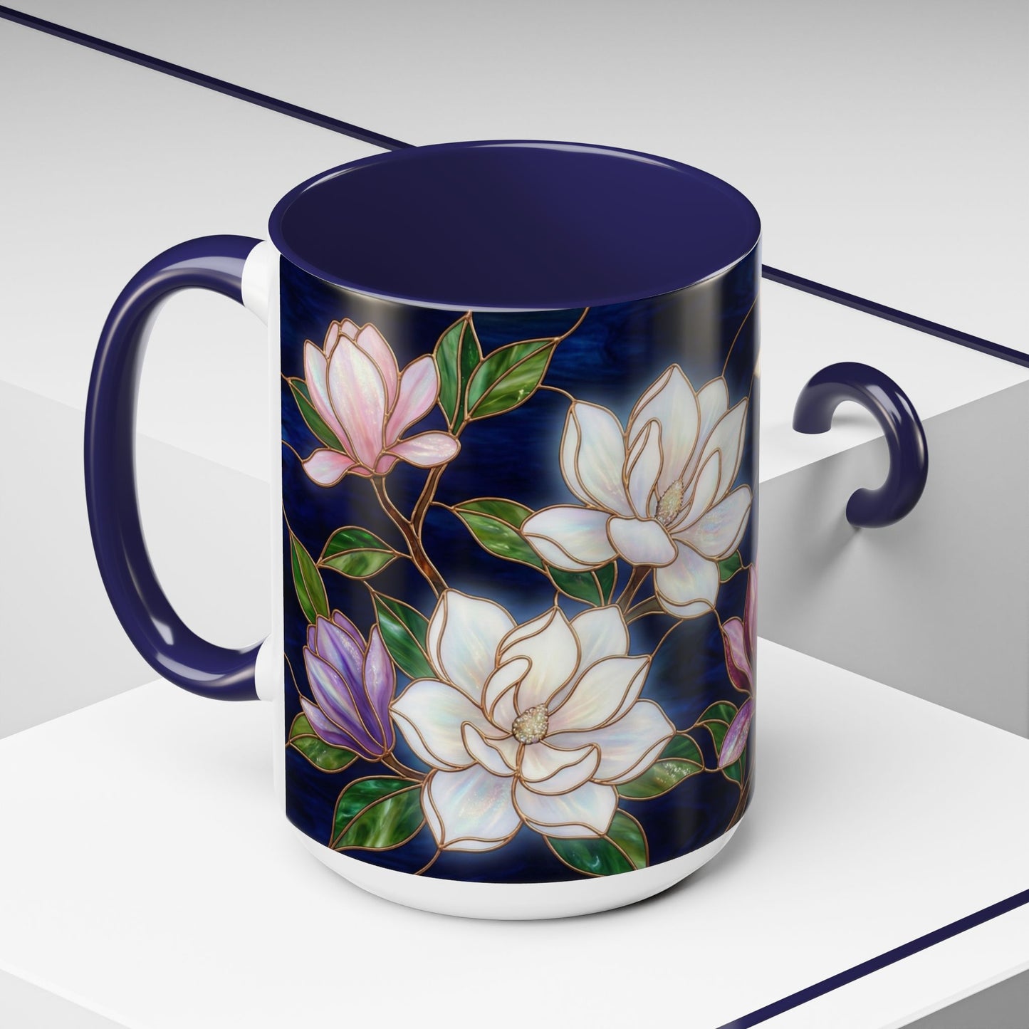 Magnolia Floral Accent Coffee Mug — Stained Glass Design (11/15 oz) - 14577