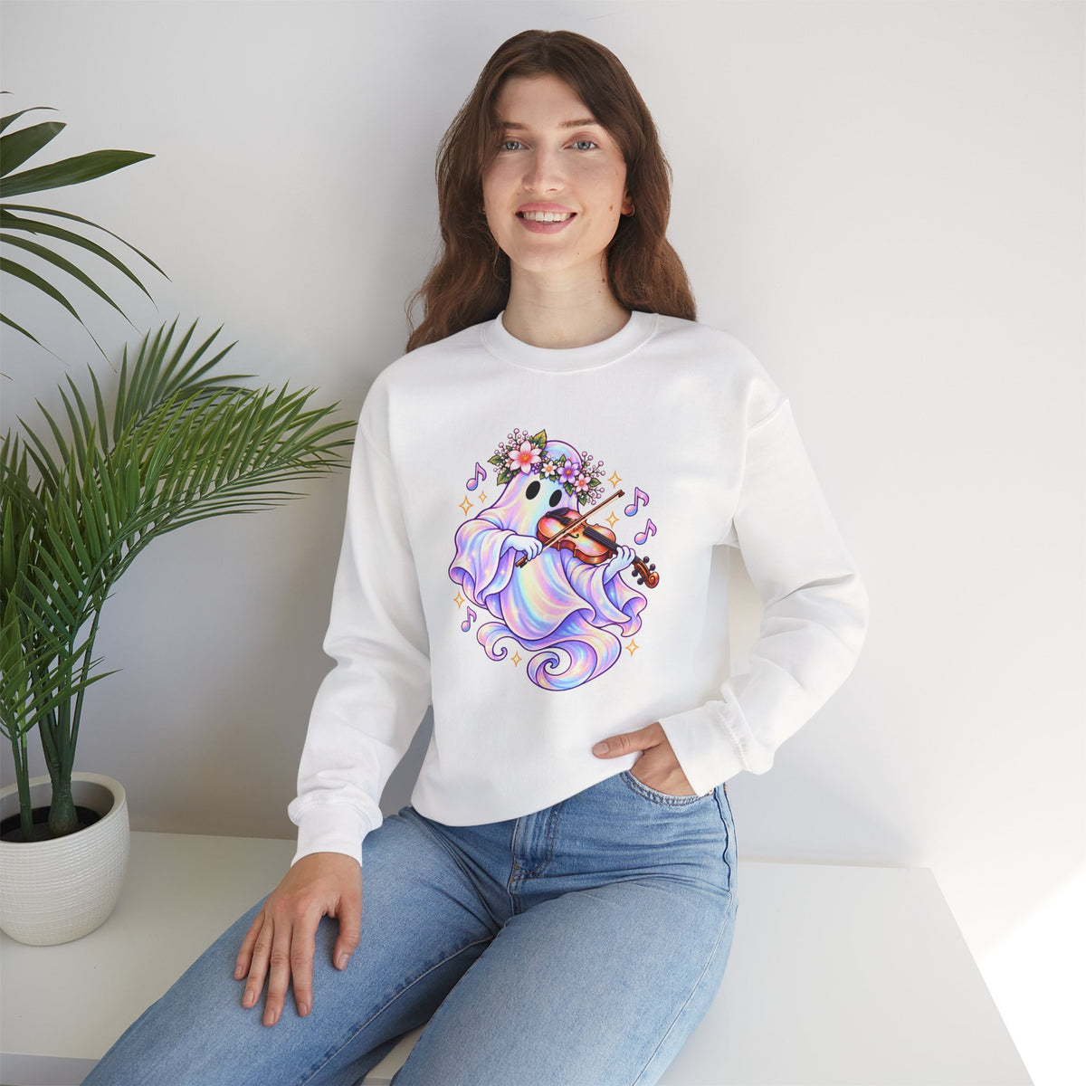 Ghost Violin Sweatshirt — Cute Floral Music Lover Crewneck - 14527