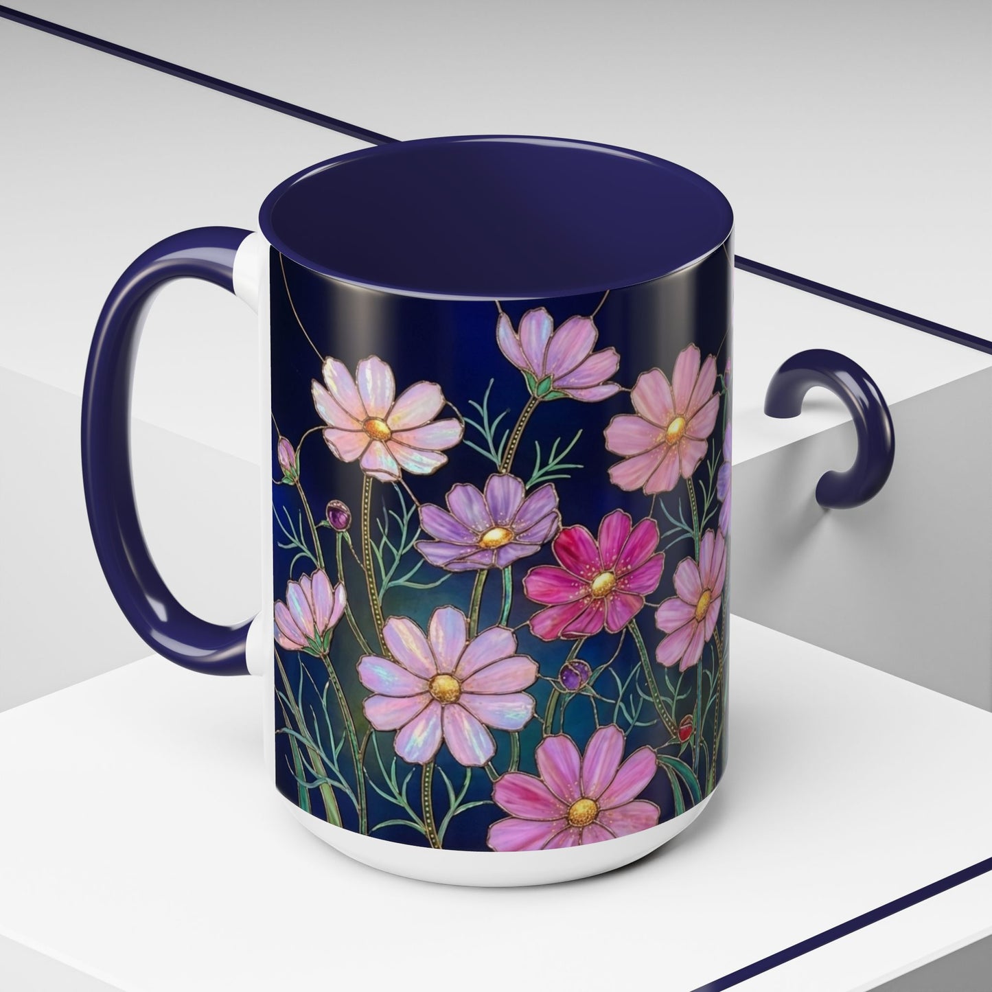 Cosmos Floral Accent Coffee Mug — Stained Glass Design 11/15oz - 14561