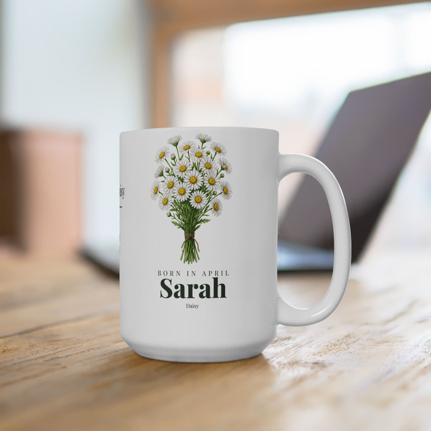 Personalized April Daisy Birth Flower Mug – Custom Name Floral Coffee Cup, "Pure Bright Loyal" Birthday Gift (11oz, 15oz) - 14832