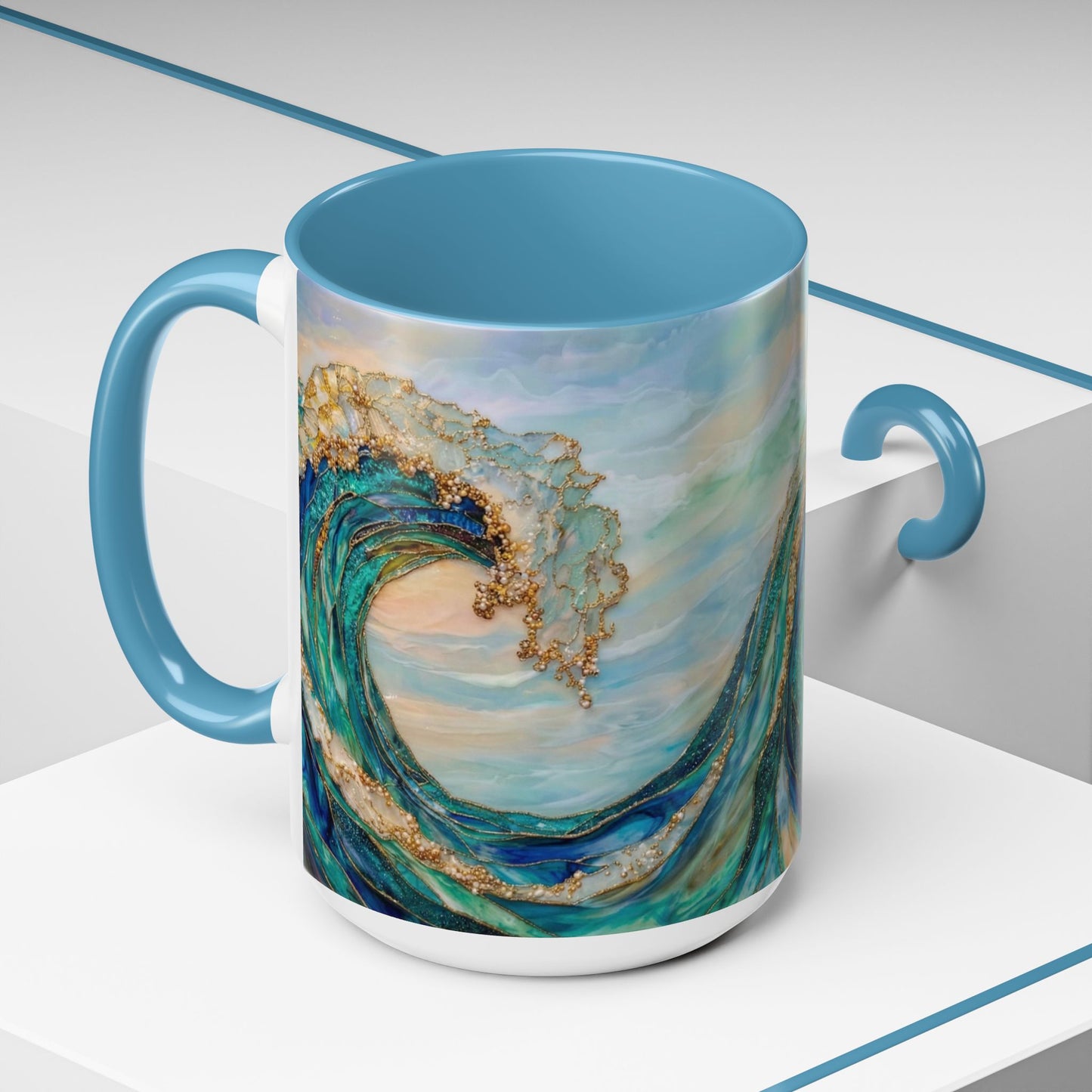 Ocean Heart Wave Coffee Mug — Teal Blue Accent Beachy Ceramic Mug (11/15oz) - 14521