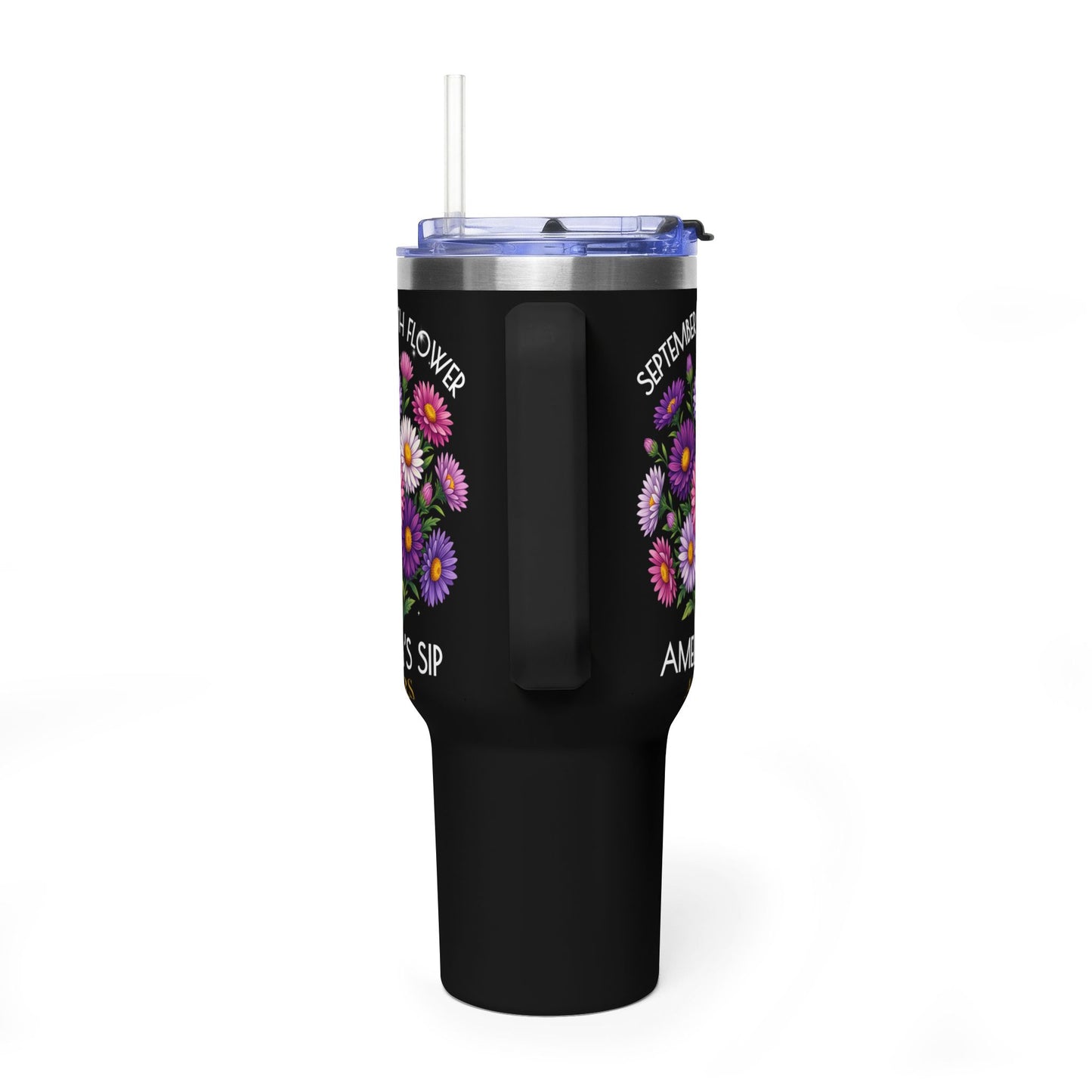 Personalized September Birth Flower 40oz Tumbler, “Amelia’s Sip” Aster Travel Mug - 14930