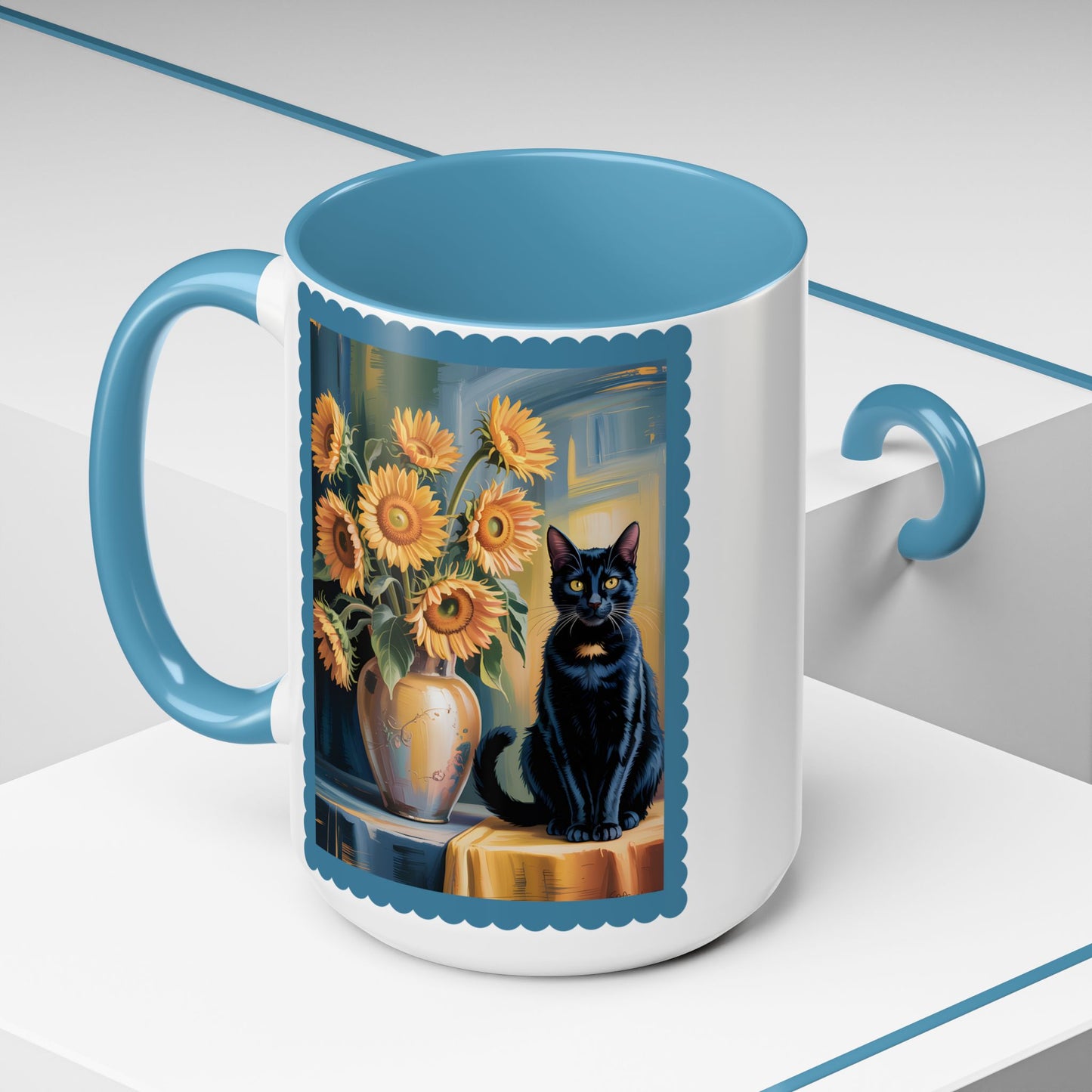 Van Gogh Style Black Cat & Sunflowers Accent Mug – Art Lover Coffee Cup (11oz / 15oz) - 14765
