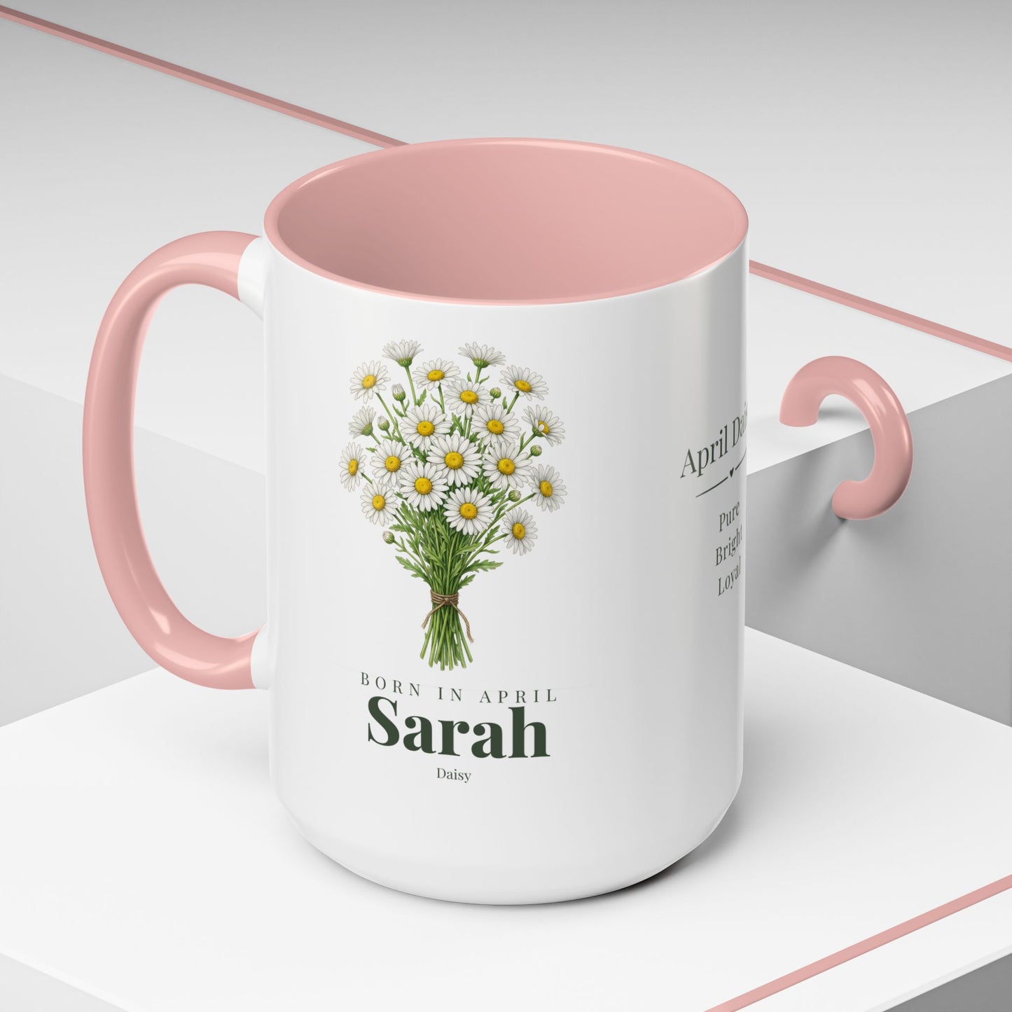 Personalized April Daisy Birth Flower Mug – Custom Name Floral Accent Coffee Cup, April Birthday Gift (11oz, 15oz) - 14833