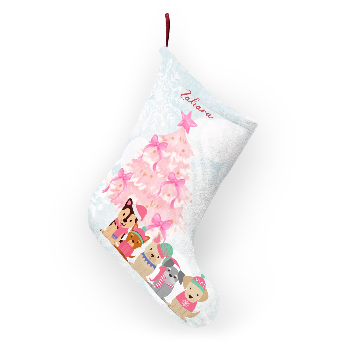 Zahara, Pink Tree & Puppies, Customizable - Christmas Stockings - 10320