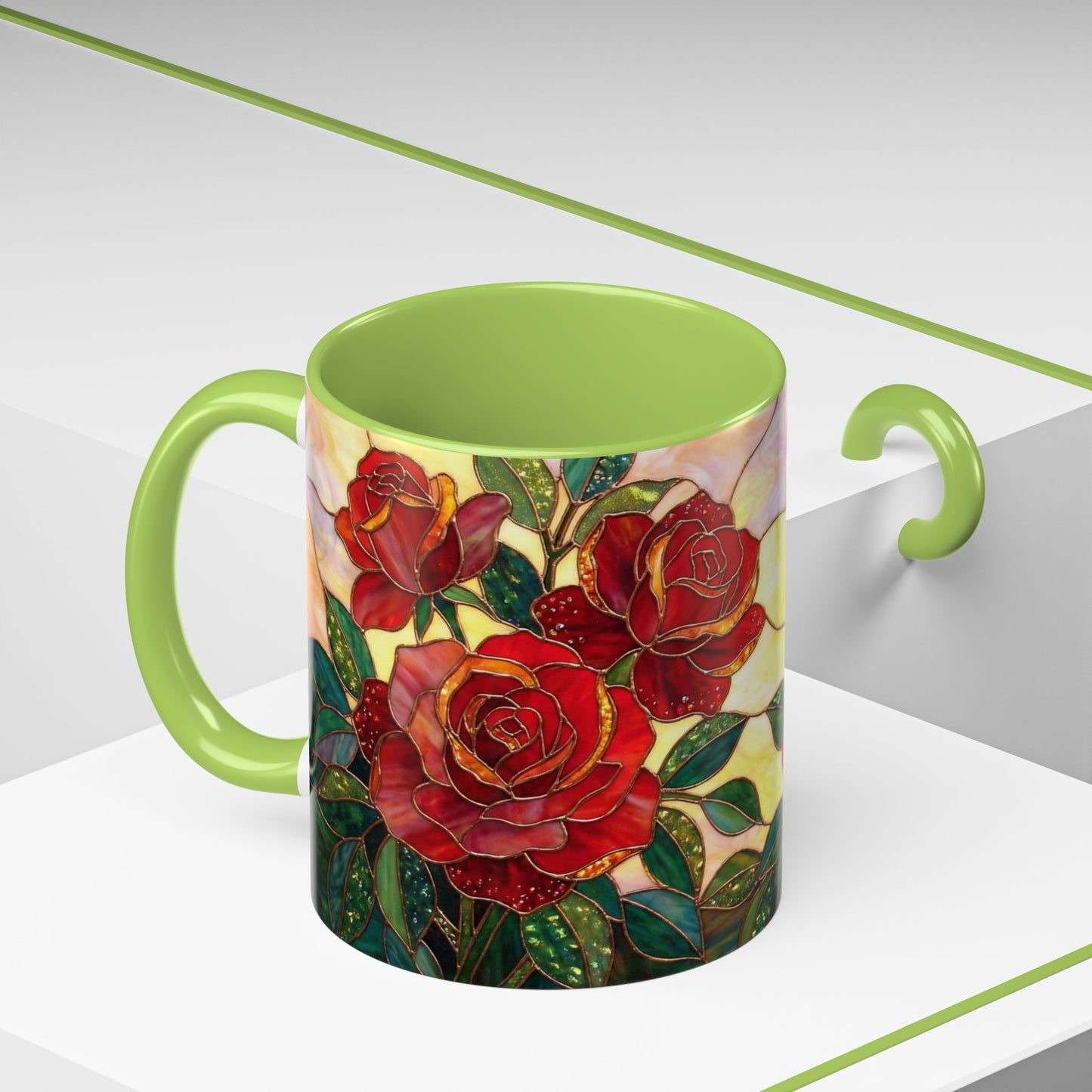 Rose Stained Glass Accent Coffee Mug – Red Roses Floral 11/15oz - 14539