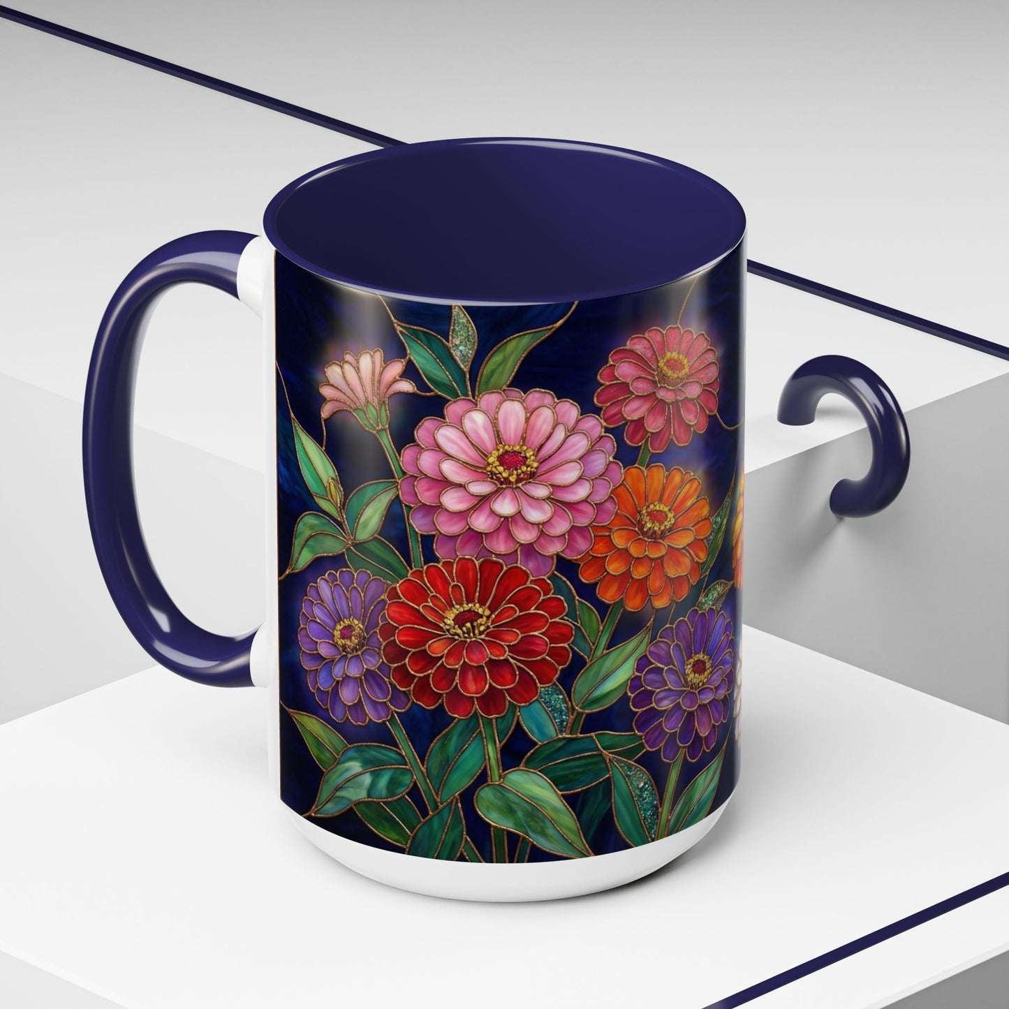 Zinnias Floral Accent Coffee Mug — Stained Glass Design 11/15oz - 14591