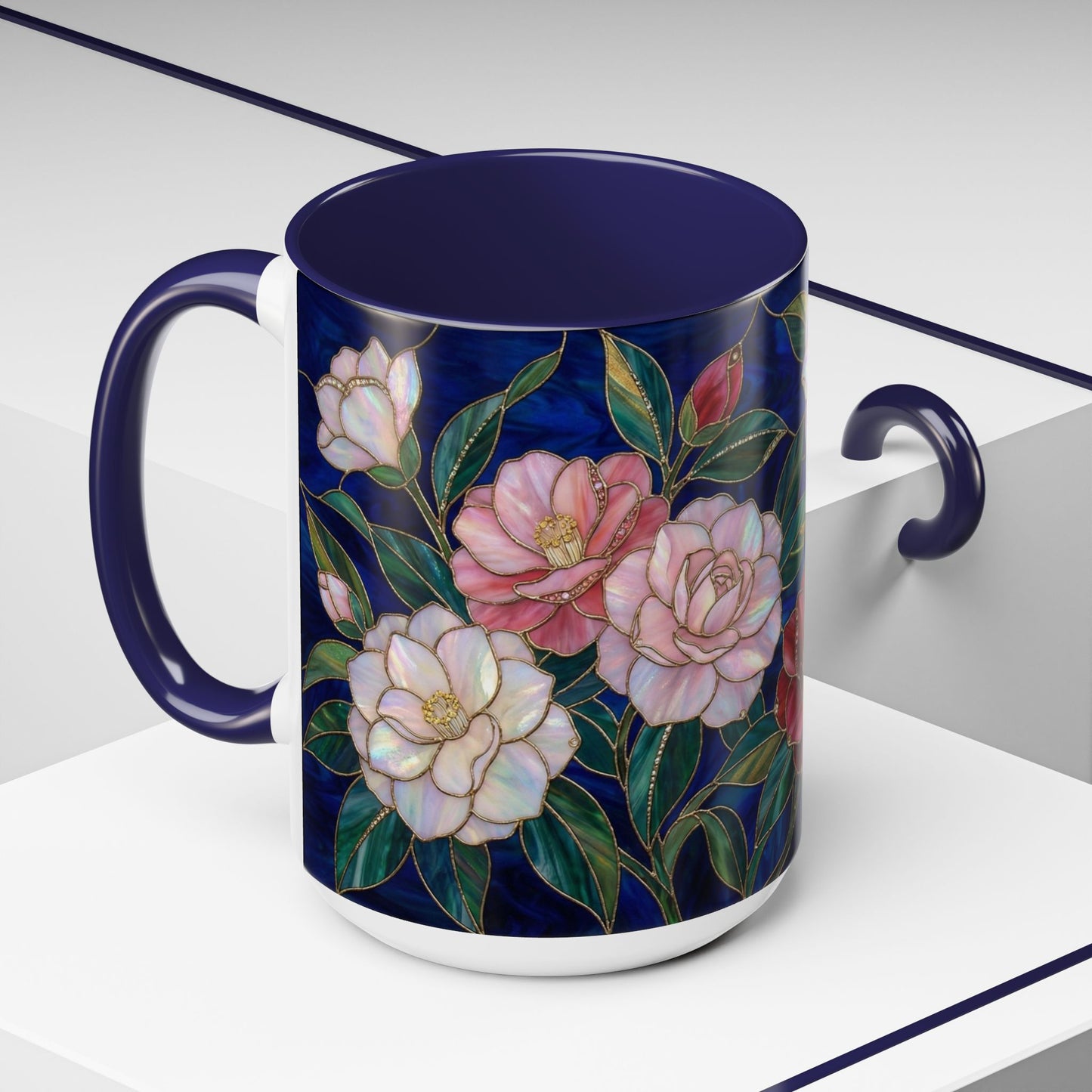 Camellia Floral Accent Coffee Mug — Stained Glass Design (11/15oz) - 14558