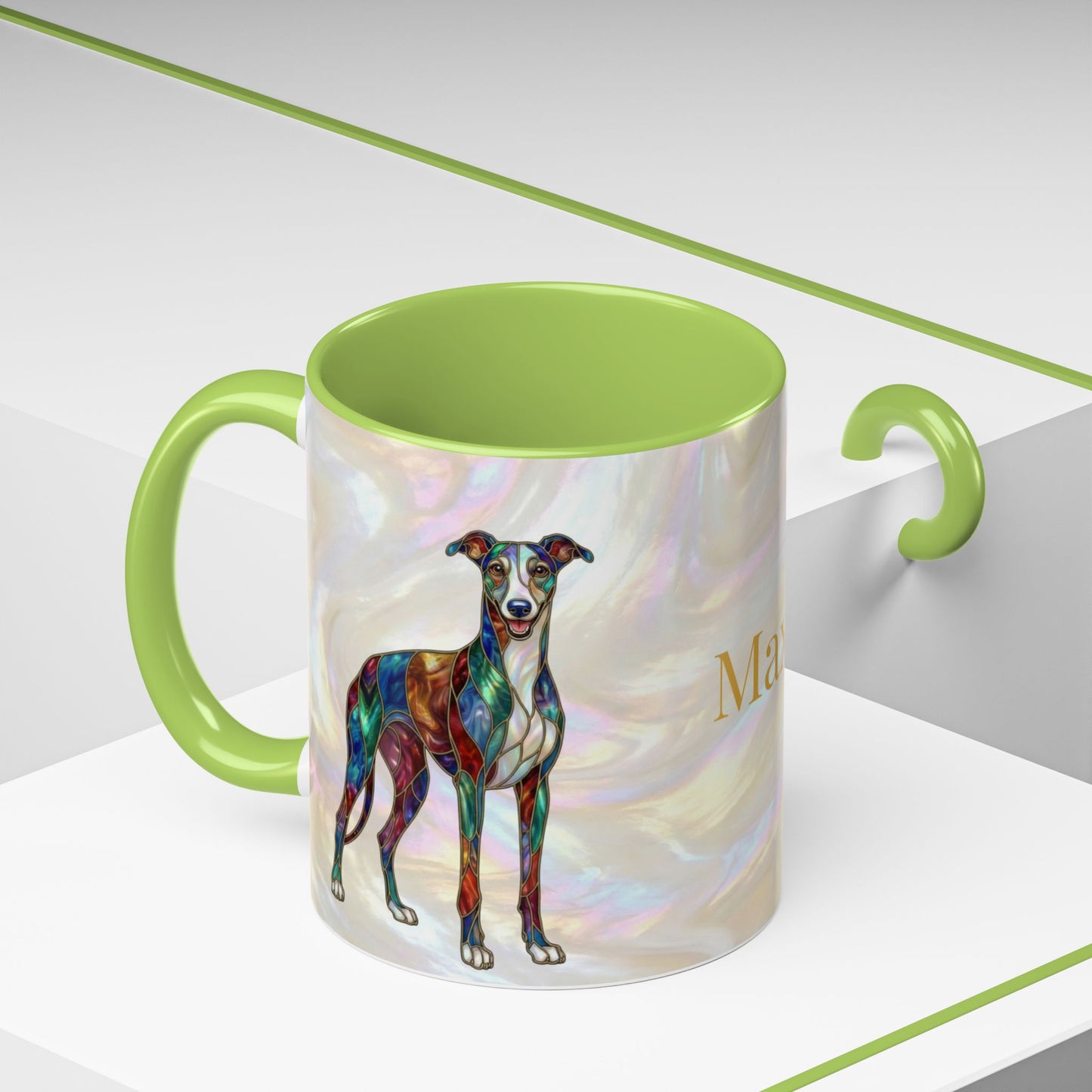 Personalized Greyhound Coffee Mug – Stained Glass Dog Accent Mug (Name Customizable) - 14523