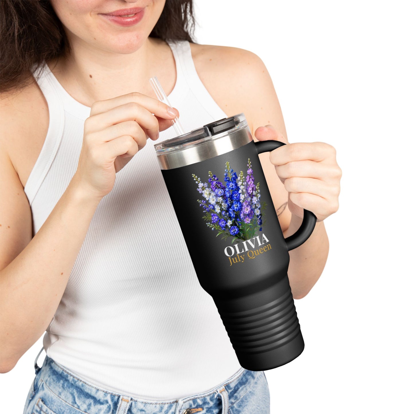 Personalized July Queen 40oz Travel Mug – Custom Name Larkspur Birth Flower Tumbler, Insulated July Birthday Gift for Her - 14908