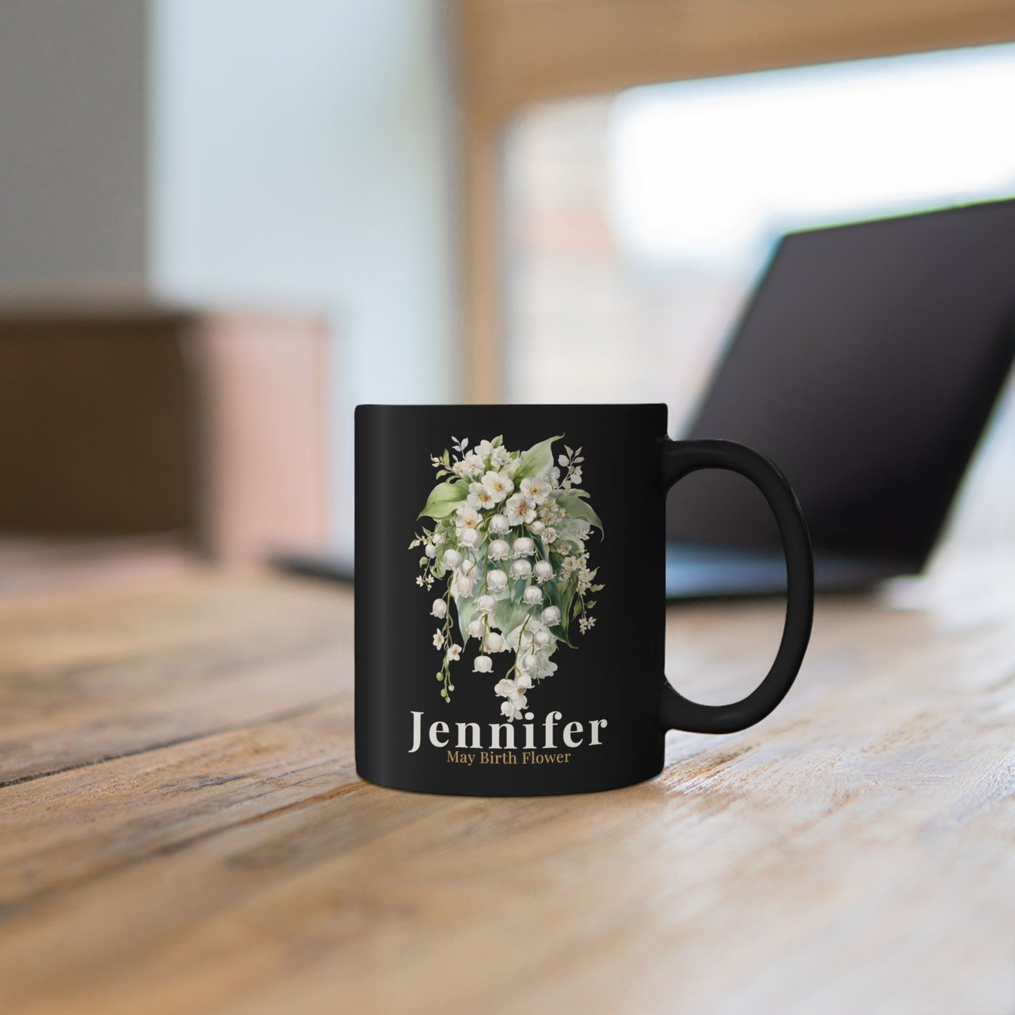 Custom Name May Birth Flower Mug – Lily of the Valley Personalized 15oz Black Mug Gift for Her - 14885