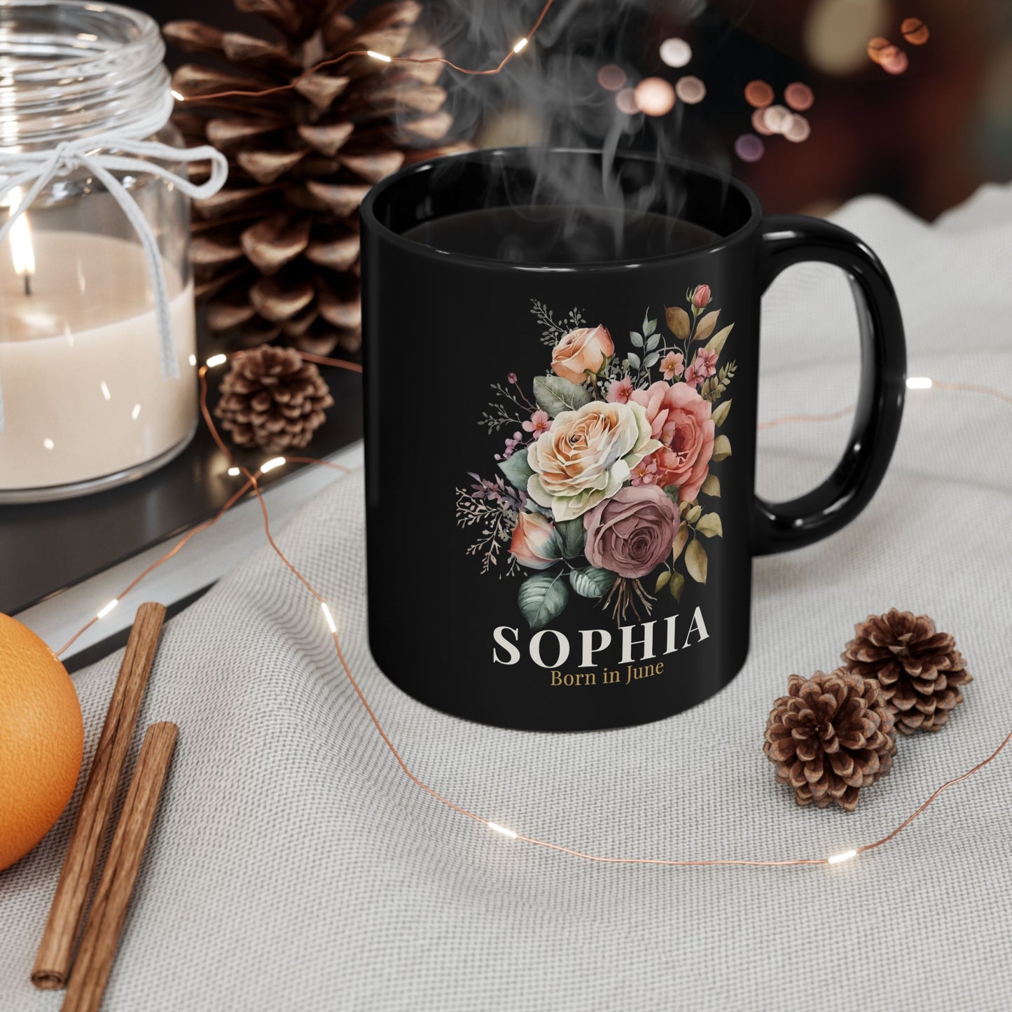 Custom Born in June Mug – Personalized June Birthday Floral Rose Coffee Cup, Black Ceramic Mug 11oz 15oz - 14894