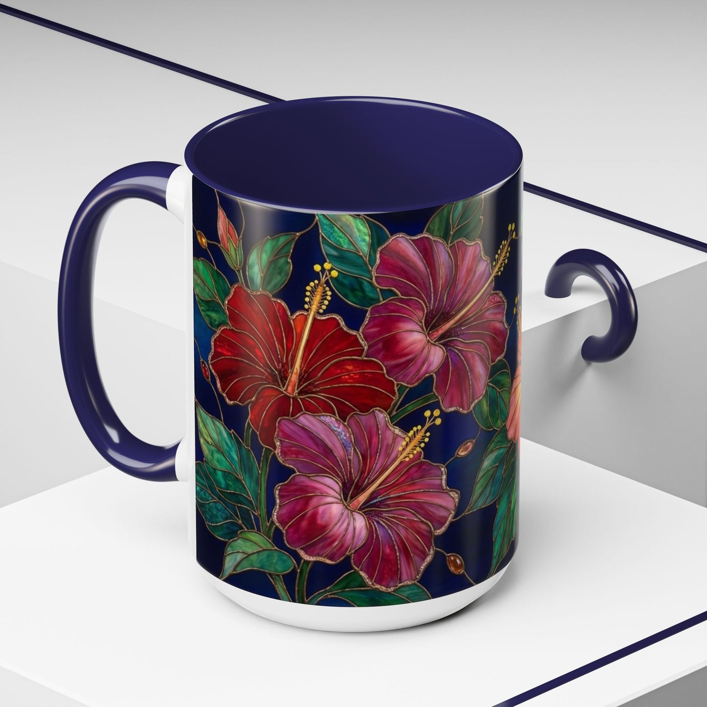 Hibiscus Bloom Accent Coffee Mug — Stained Glass Design 11/15oz - 14569
