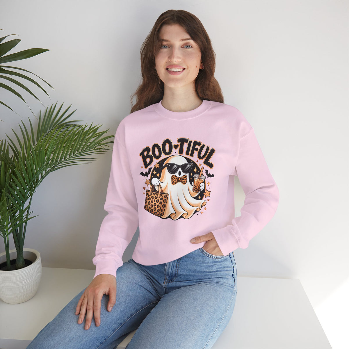Boo-tiful Halloween Ghost Sweatshirt, Leopard Print Crewneck - 14523