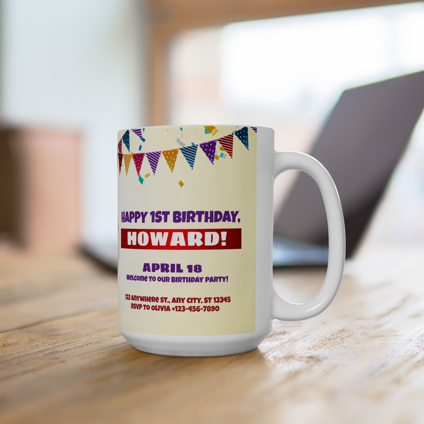 Personalized Birthday Ceramic Mug - Custom 1st Birthday Celebration Cup, Party Favor, Kid's Birthday Gift, Colorful Balloons, Fun Memories - 13997
