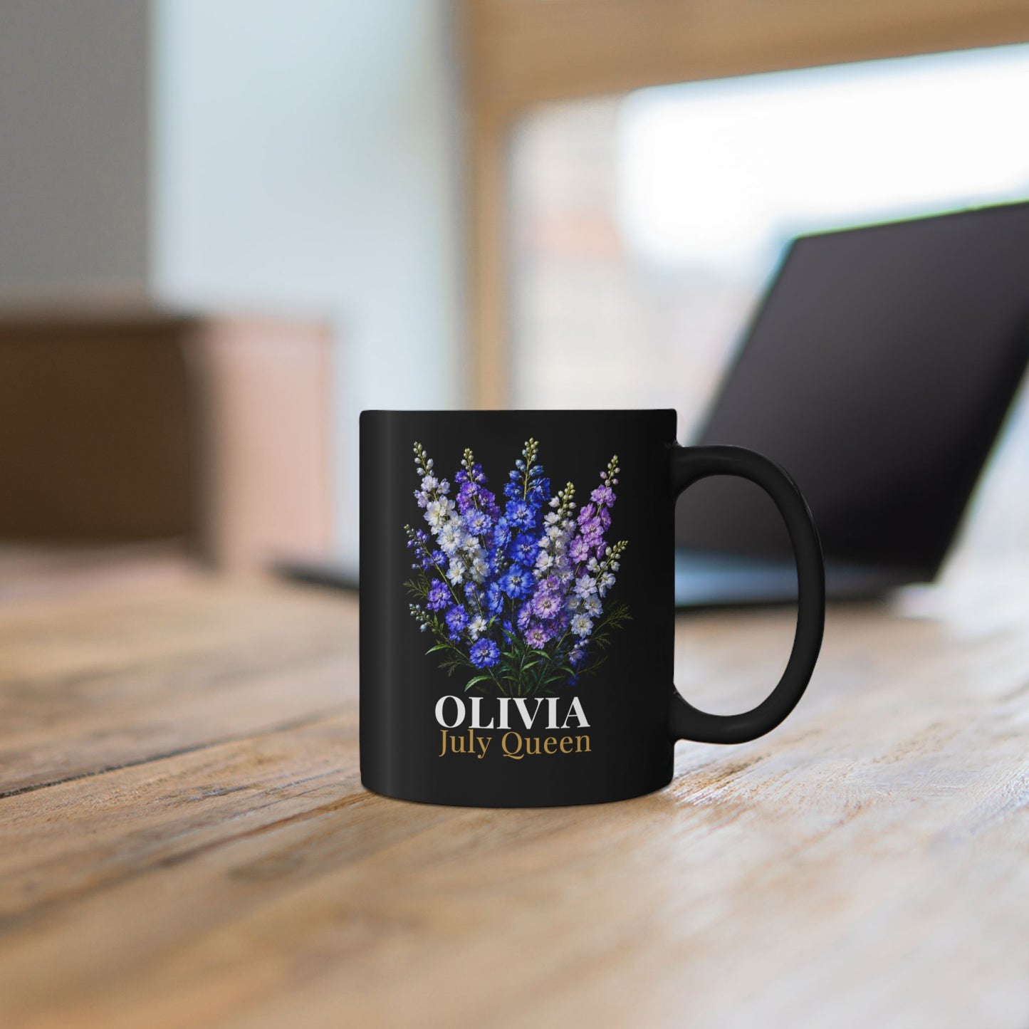 Personalized July Birth Flower Mug – Custom Name Larkspur Floral Coffee Cup, July Queen Gift for Her, Black Mug 11oz 15oz - 14907