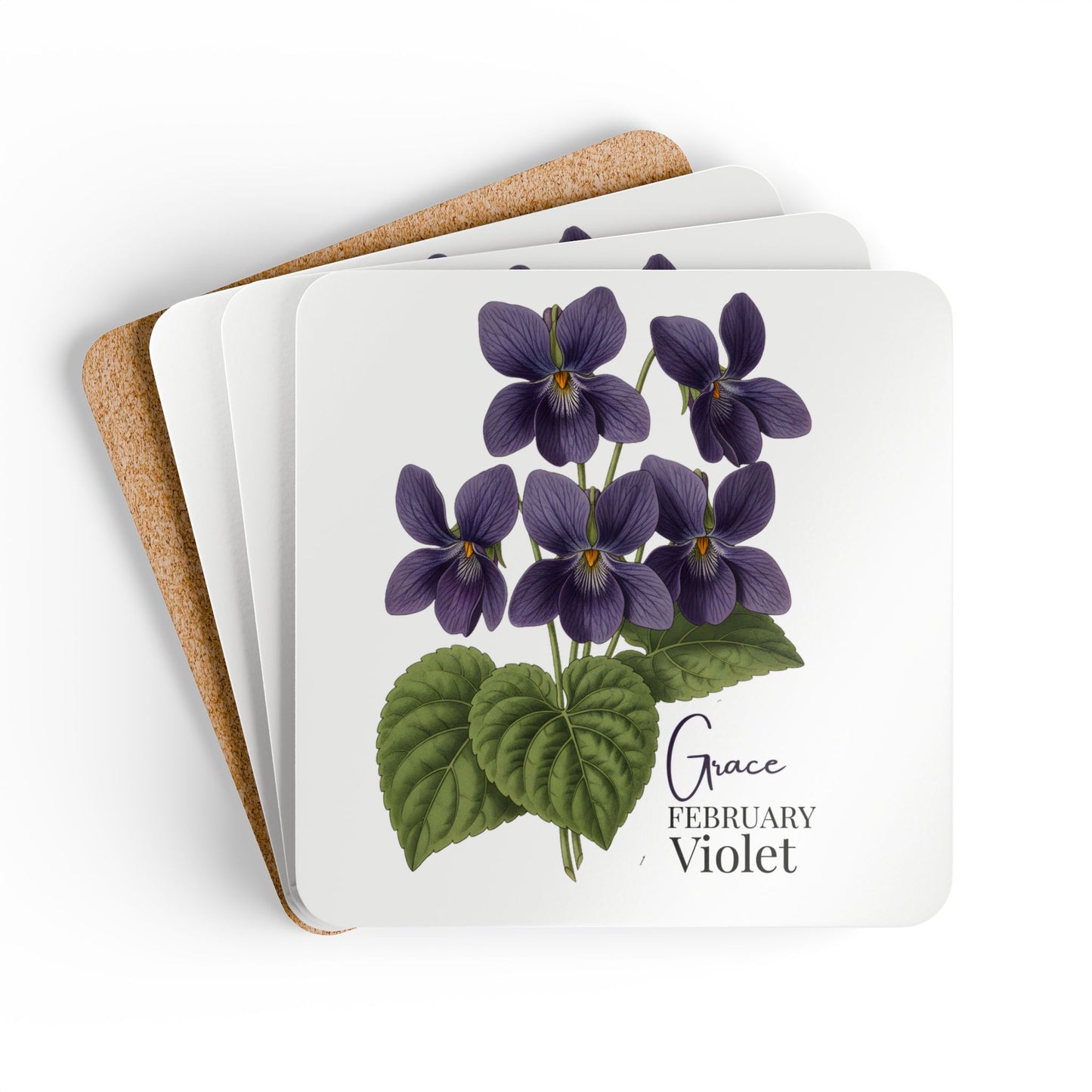 February Birth Flower Violet Cork Coaster Set – Personalized Name Gift - 14689