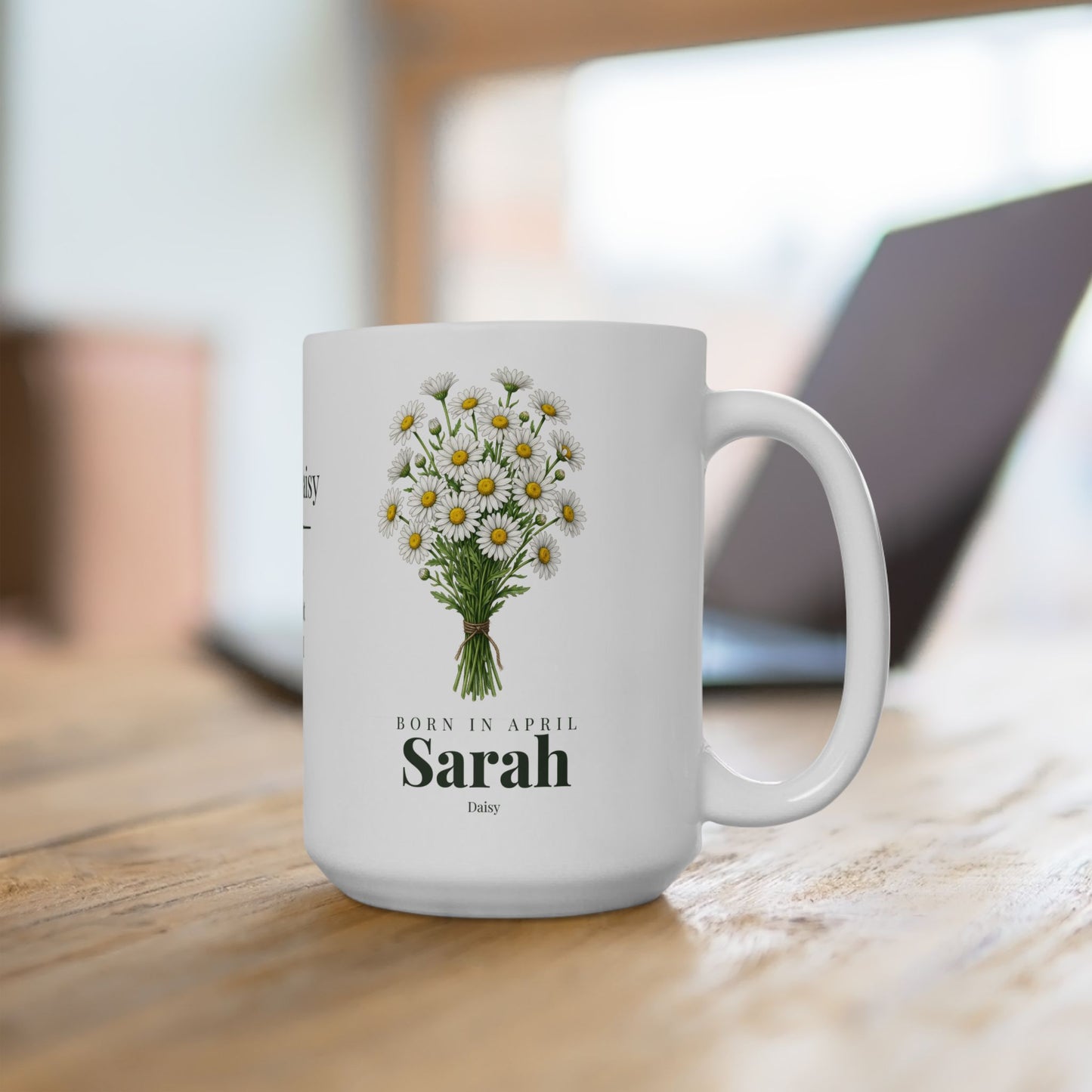 Personalized April Daisy Birth Flower Mug – Custom Name Floral Coffee Cup, "Pure Bright Loyal" Birthday Gift (11oz, 15oz) - 14832