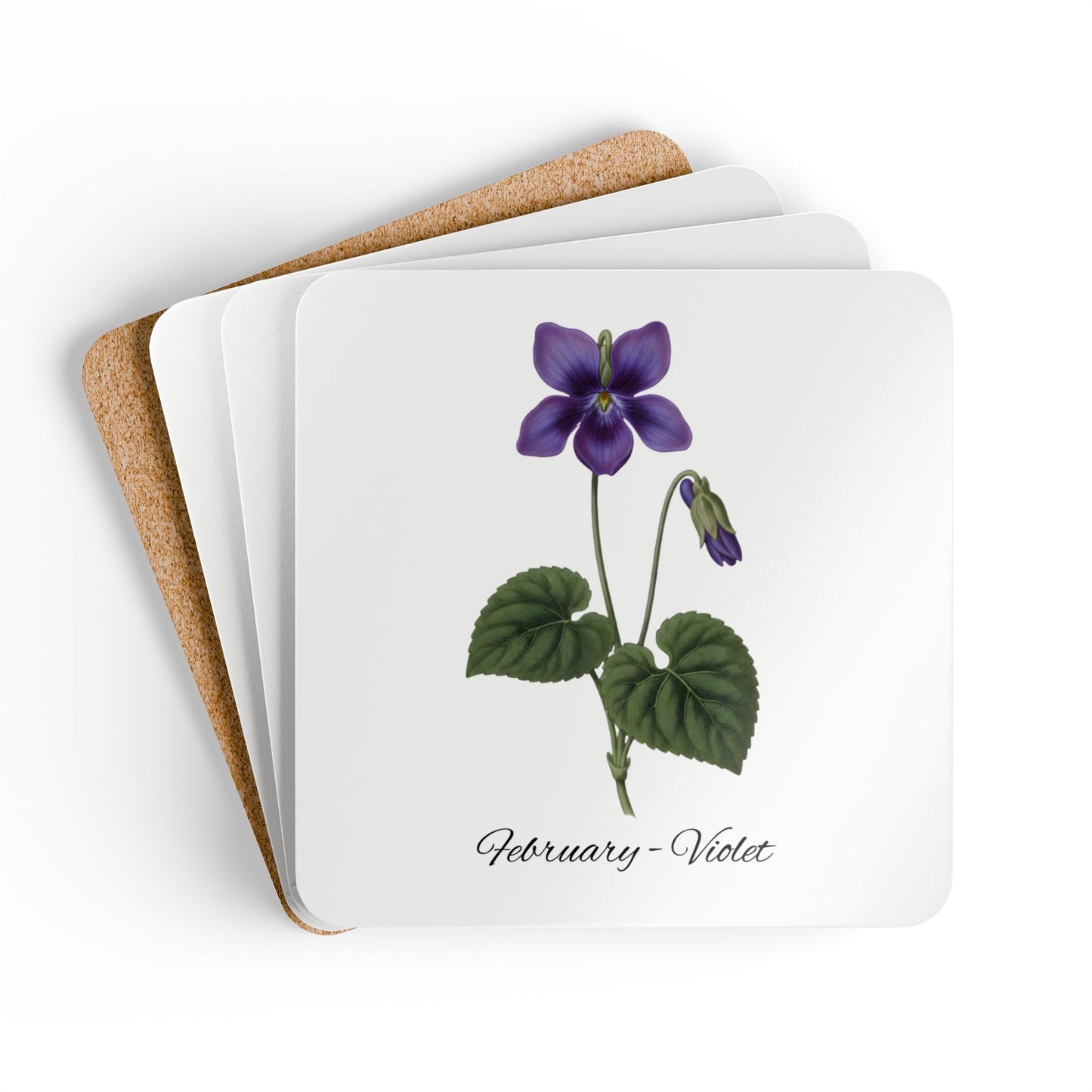 February Birth Flower Violet Cork Coaster Set – Personalized Name Gift - 14696