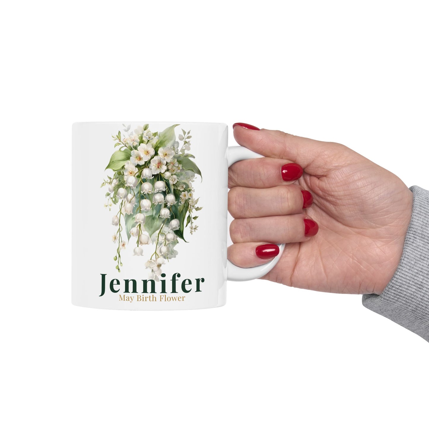 Custom Name Botanical Coffee Mug – Personalized Lily of the Valley Floral Mug Gift for Her (11oz, 15oz) - 14886