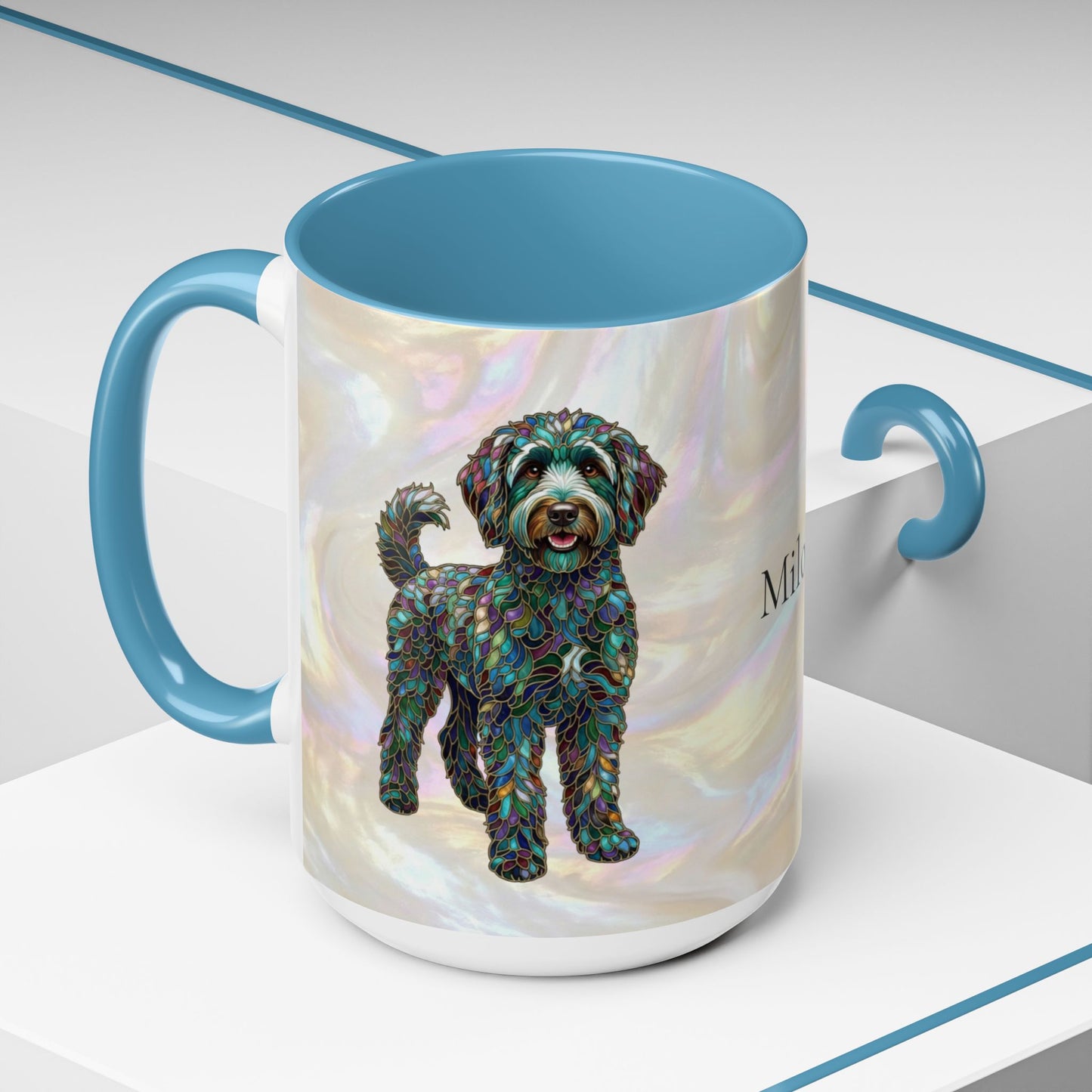Personalized Labradoodle Dog Mug — Custom Name Accent Coffee Mug (11/15 oz) with Stained Glass Art - 14526