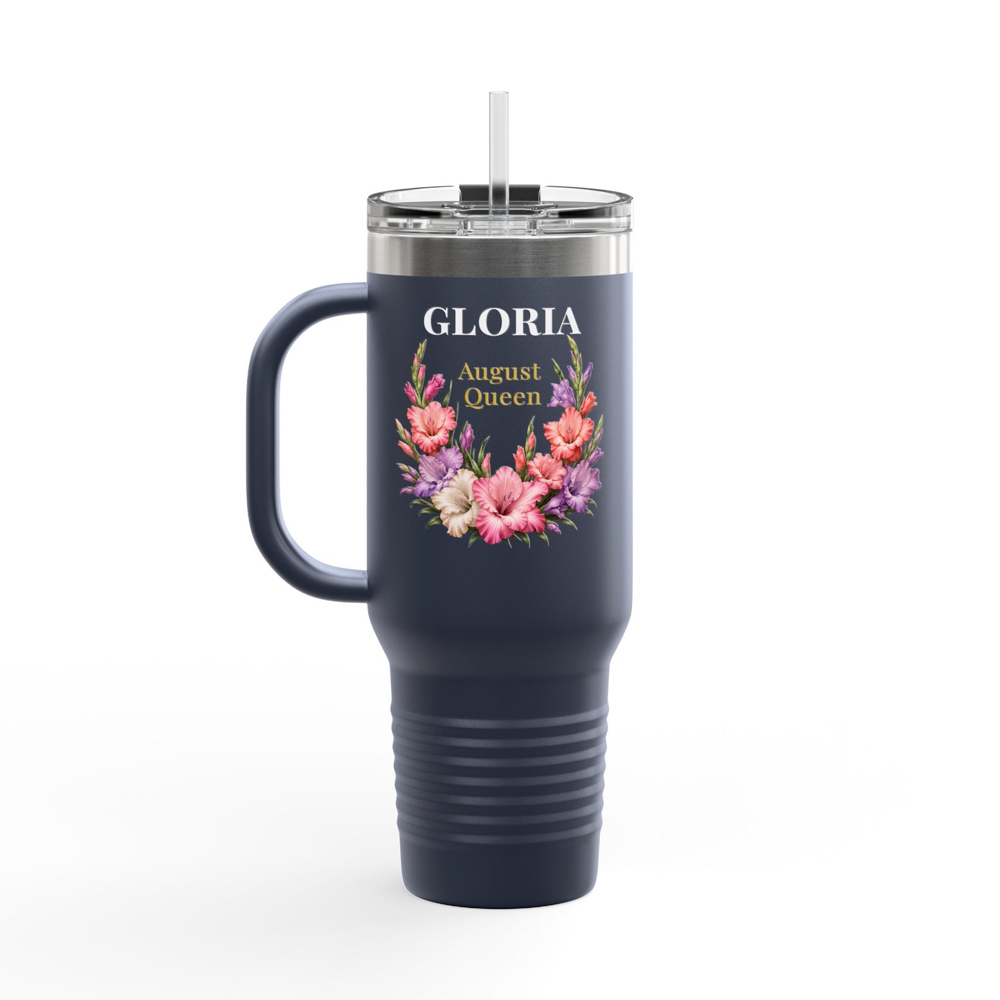 Personalized August Queen 40oz Insulated Travel Mug – Custom Name Floral Birthday Tumbler - 14917