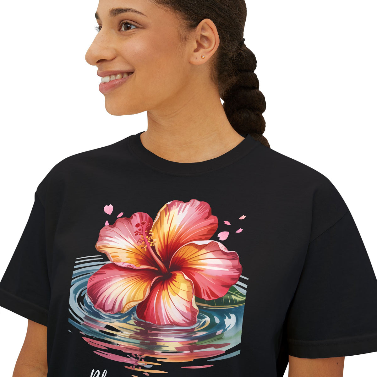 Bloom Where You’re Planted Hibiscus Boxy Tee, Tropical Floral T-Shirt - 14924