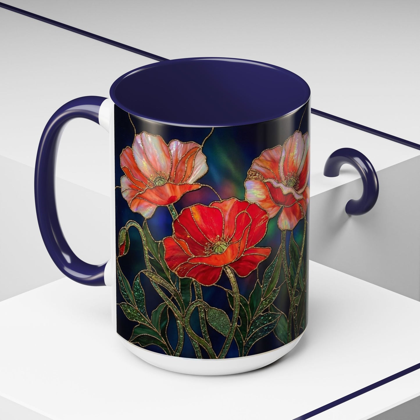 Poppy Floral Accent Coffee Mug — Stained Glass Design 11/15oz - 14582