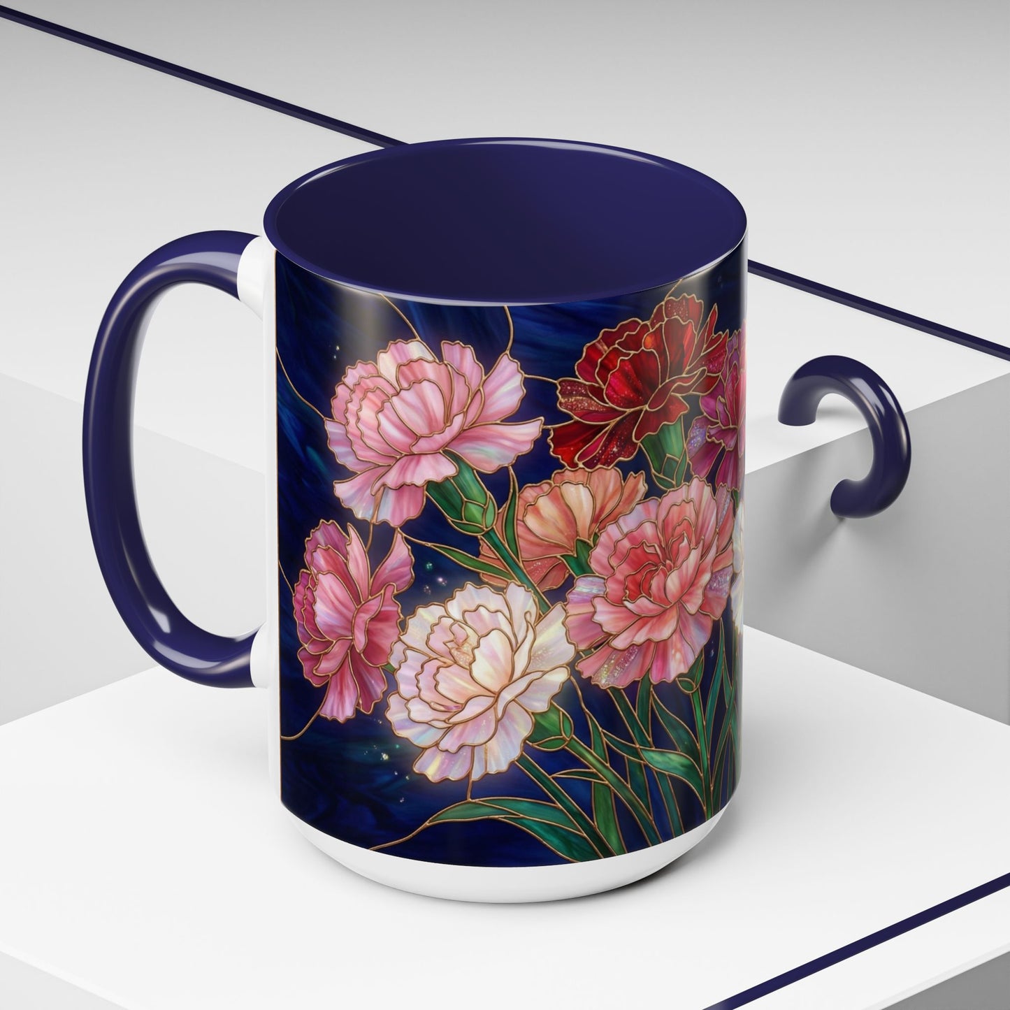 Carnation Floral Accent Coffee Mug — Stained Glass Design (11/15oz) - 14559