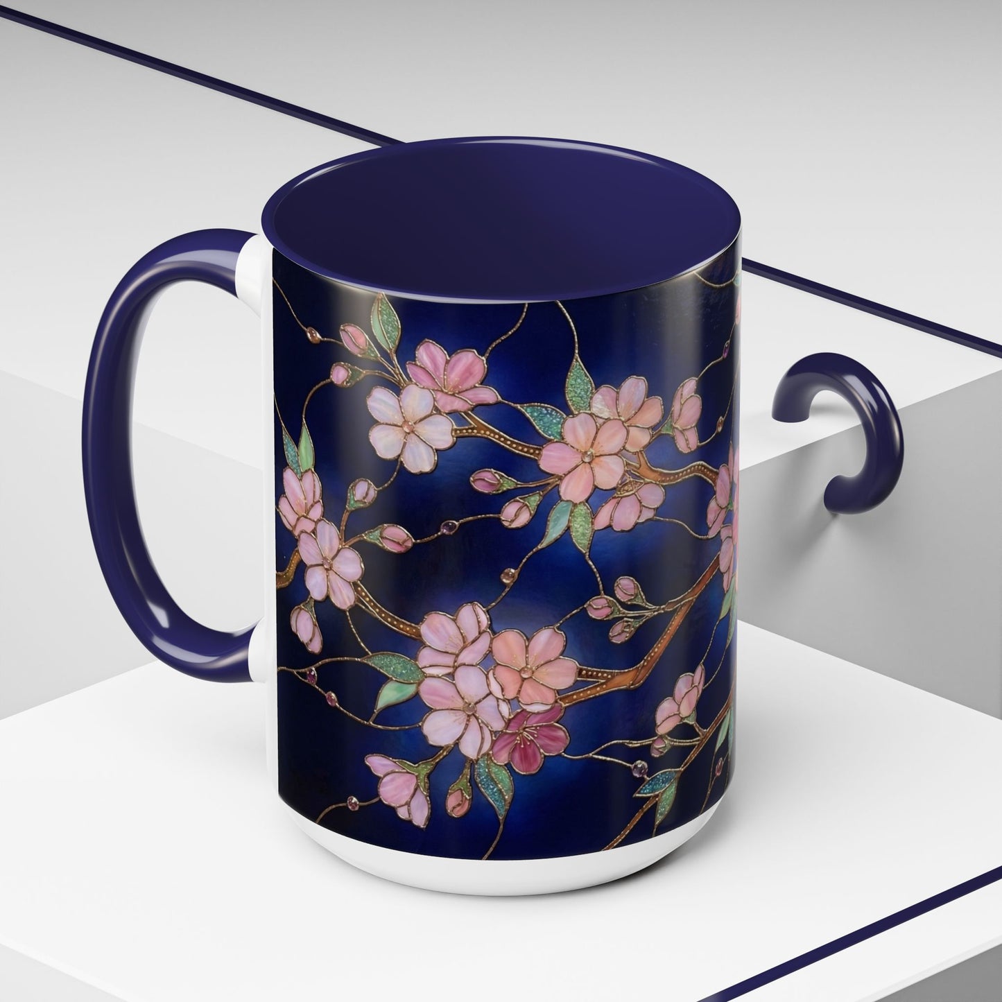 Cherry Blossom Accent Coffee Mug — Stained Glass Design 11/15oz - 14560