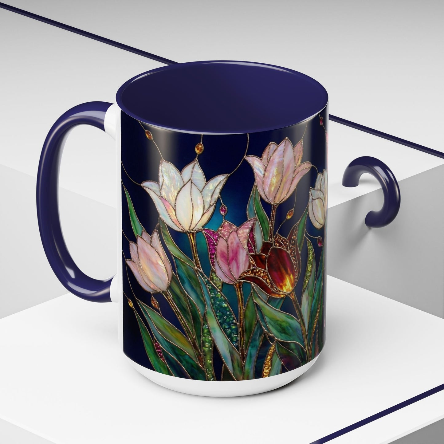 Tulip Floral Art Accent Coffee Mug — Stained Glass Design (11/15oz) - 14592