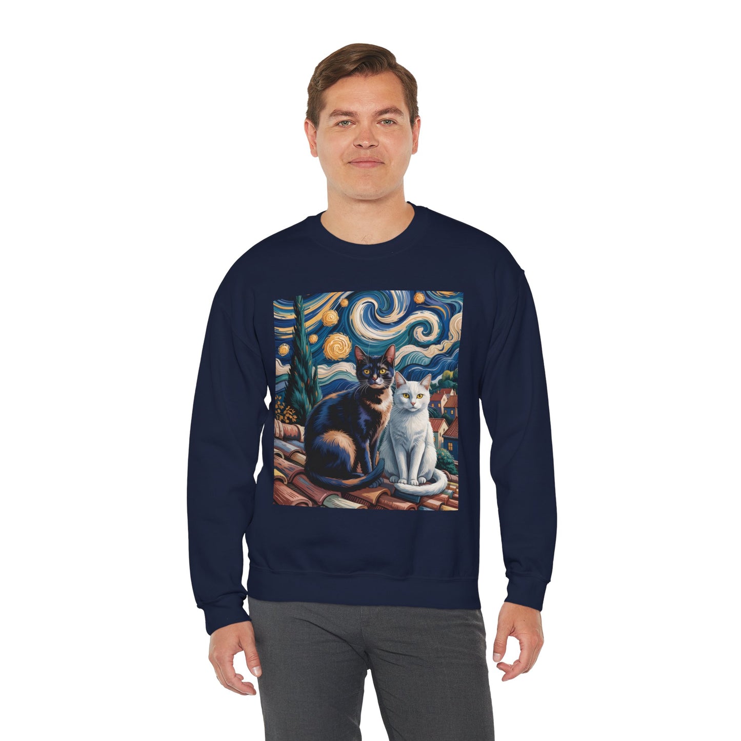 Van Gogh Style Cat Art Sweatshirt - Cozy Unisex Crewneck, Valentines Day Gift for Cat Lovers - 14764