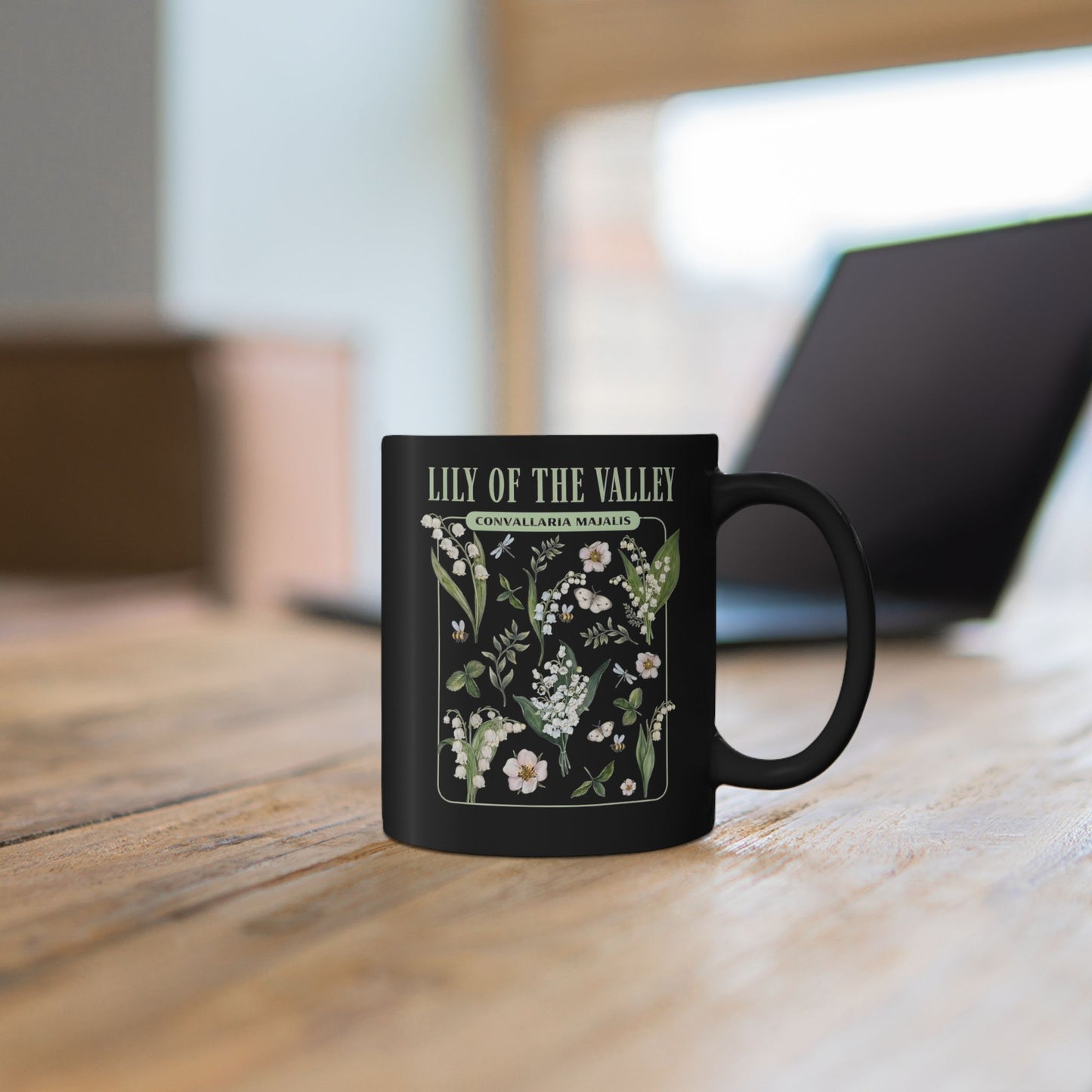May Birth Flower Mug – Lily of the Valley Black Ceramic Coffee Cup (11oz, 15oz) - 11887