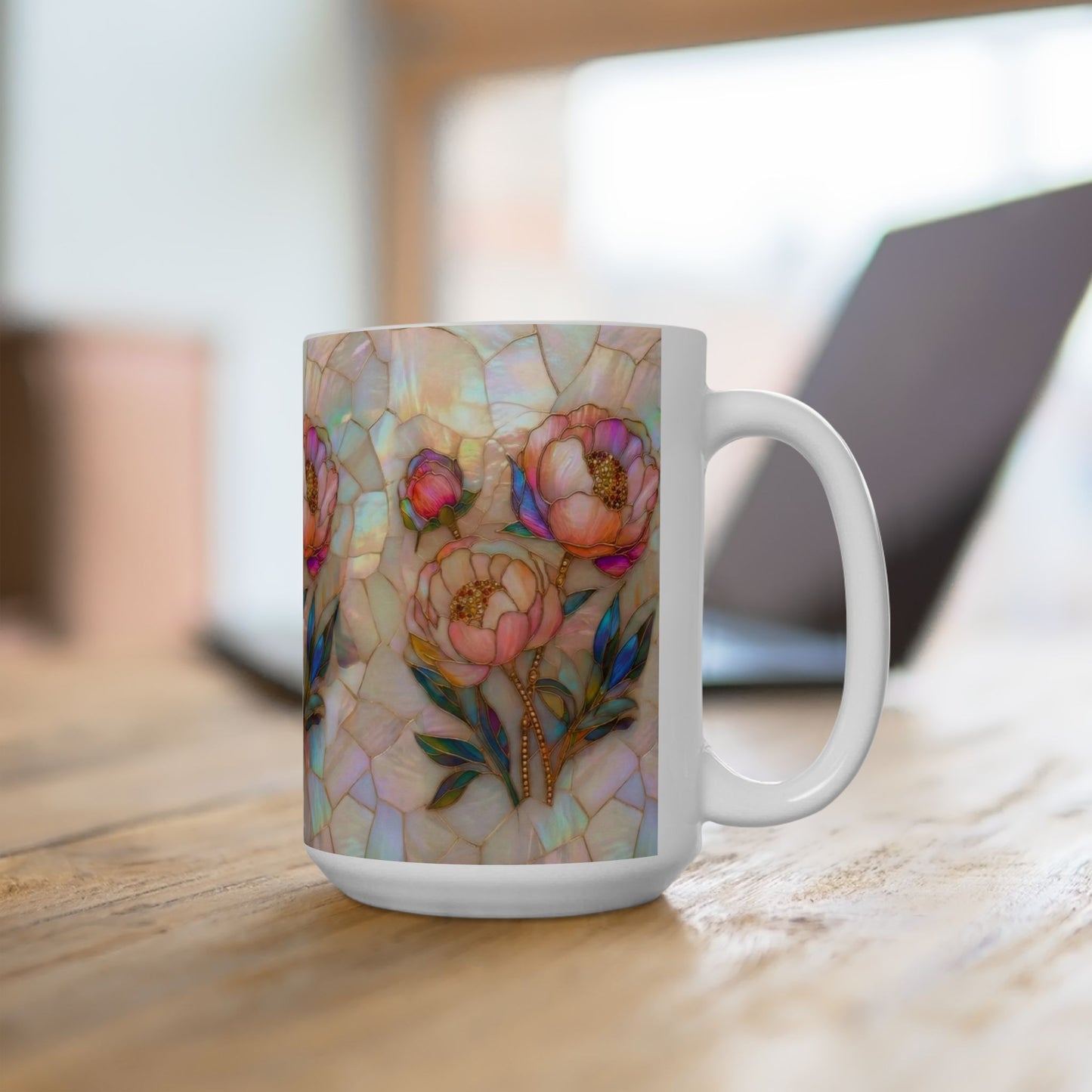 Floral Mosaic Ceramic Mug — Iridescent Peony Stained-Glass Design (11oz & 15oz) - 14518