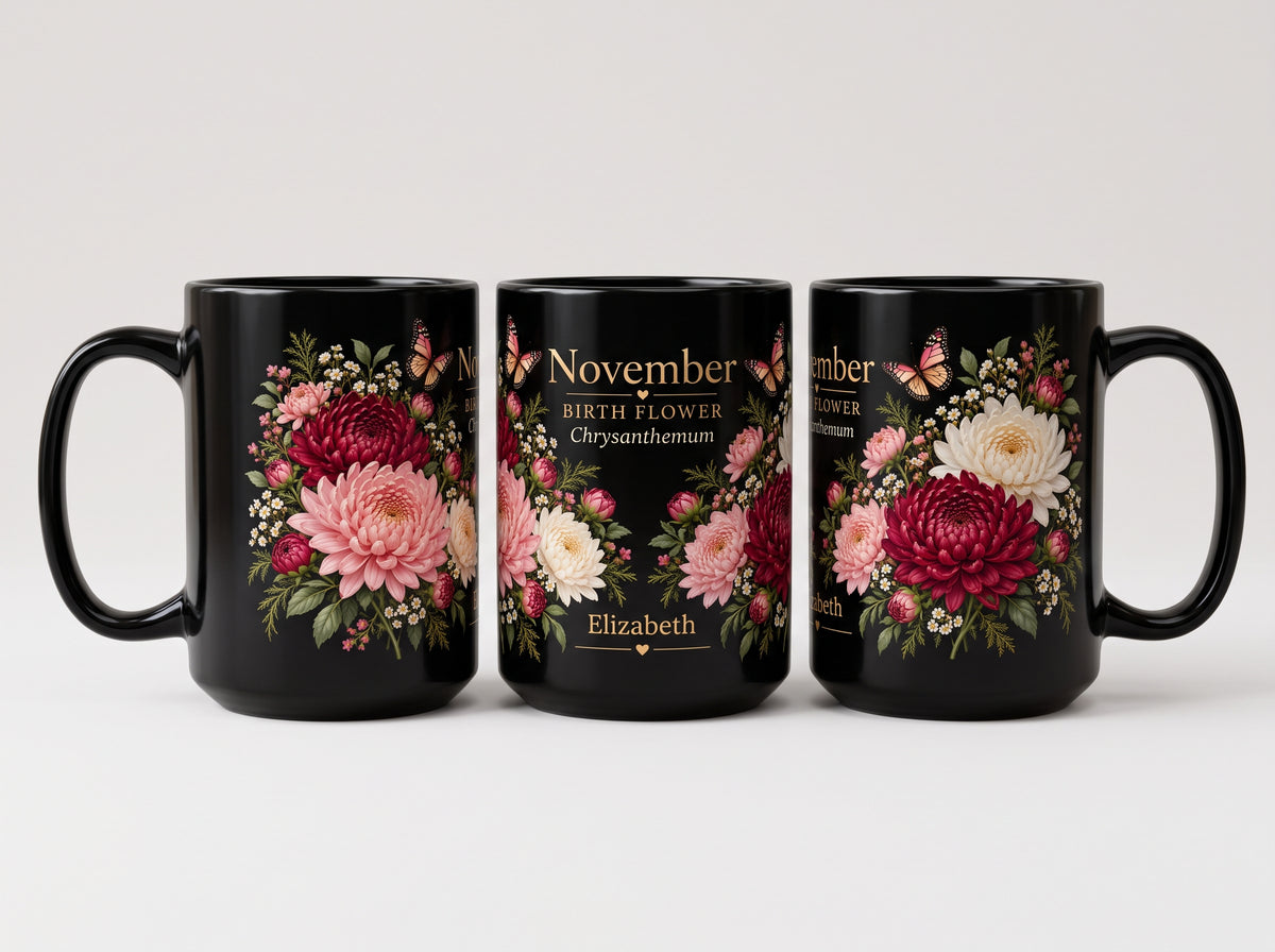 November Chrysanthemum Birth Flower Mug, Personalized Black Floral Mug - 14546