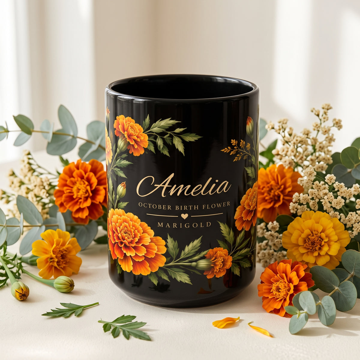 Personalized October Birth Flower Mug, Marigold Black Coffee Cup, Custom Name 11oz/15oz - 14976