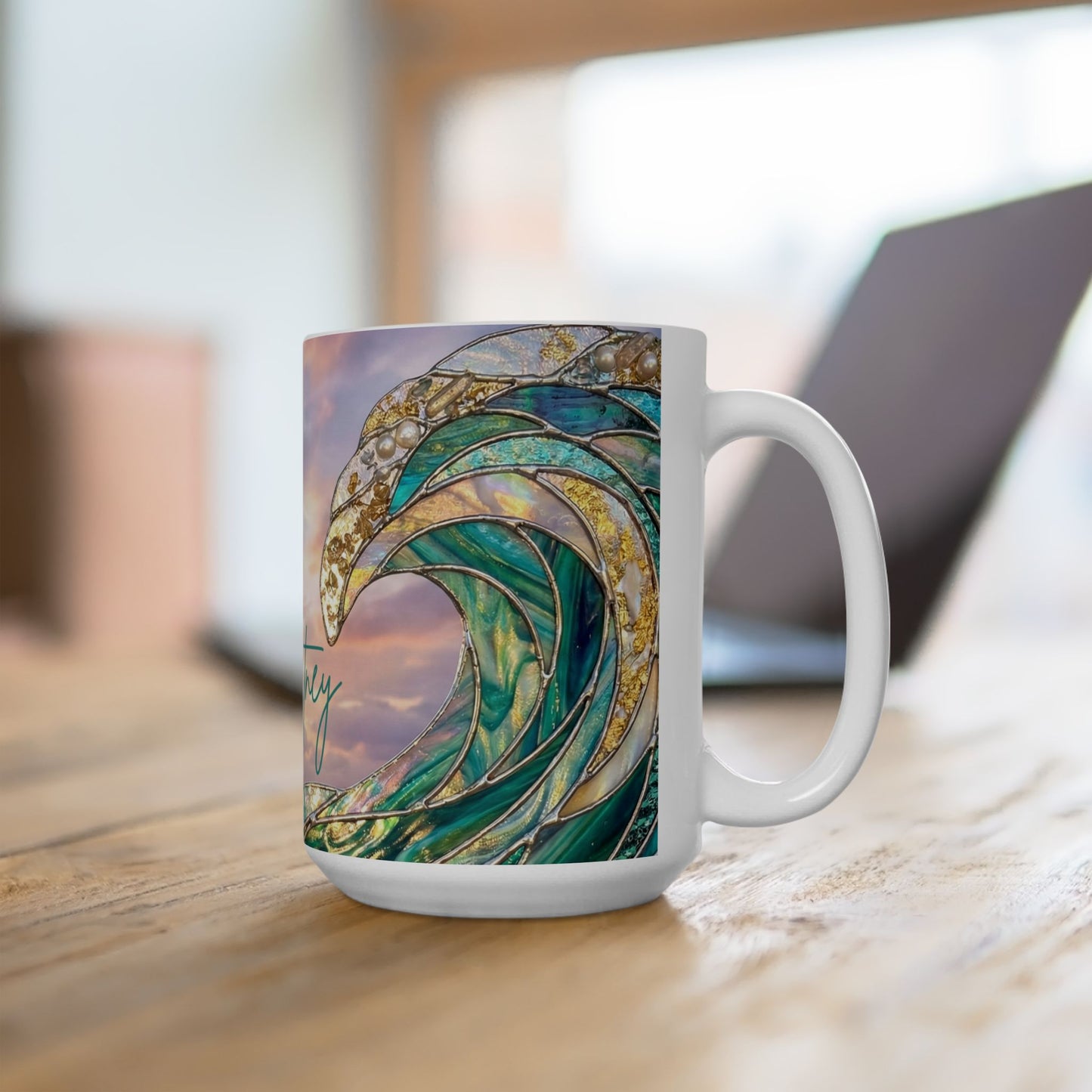 Personalized Ocean Wave Mug – Turquoise Coastal Ceramic Coffee Cup - 14899