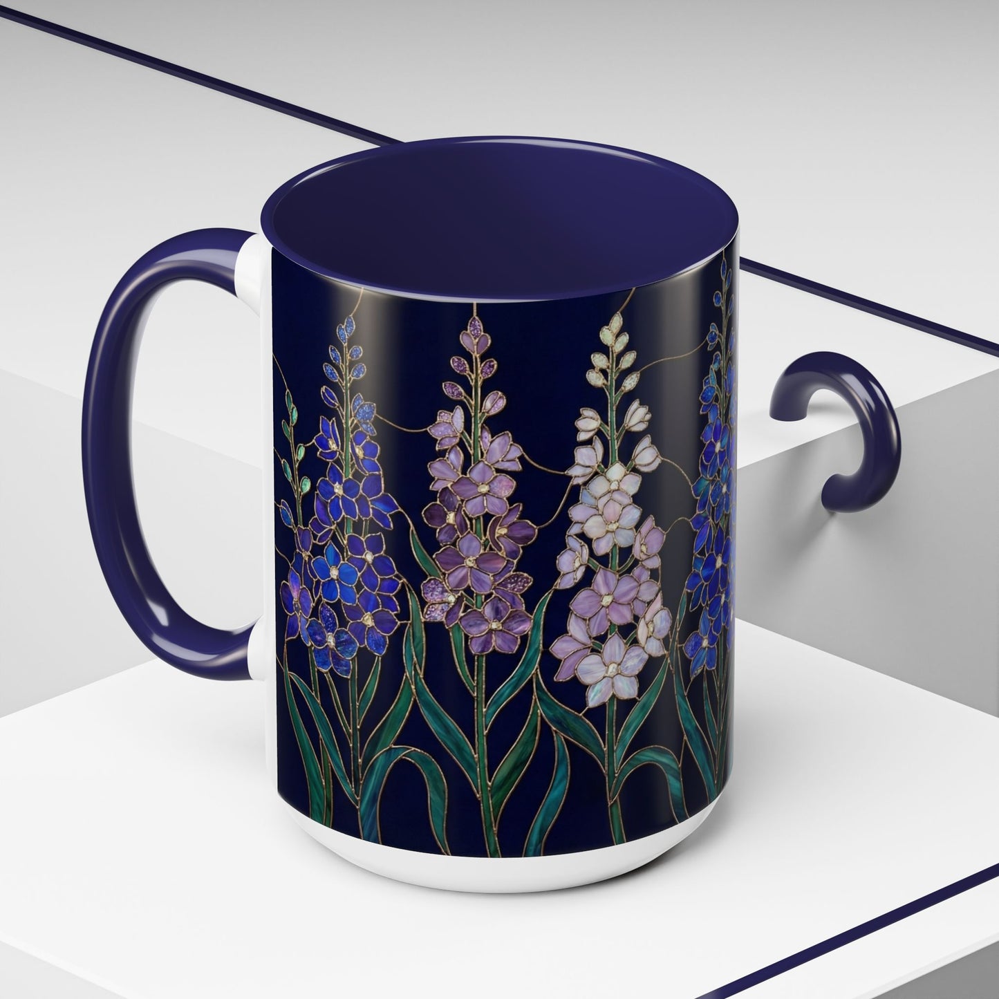 Larkspur Floral Accent Coffee Mug — Stained-Glass Garden Design (11/15oz) - 14595