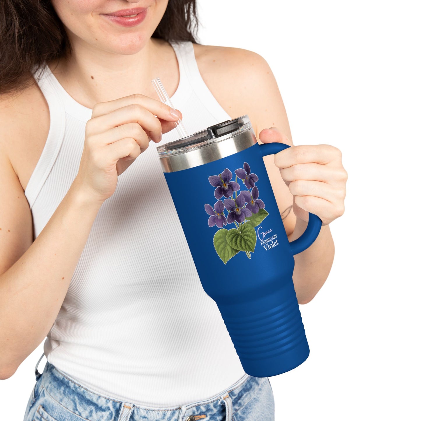 Violet Floral Tumbler – February Birth Flower Gift | 40oz Insulated Travel Mug, Customizable — 14688