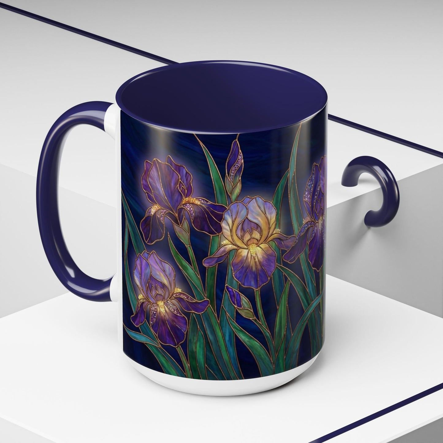 Iris Floral Accent Coffee Mug — Stained Glass Design 11/15oz - 14572