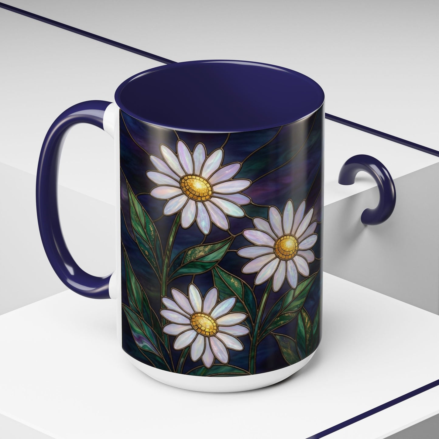 Daisy Stained Glass Accent Coffee Mug — White Daisies on Midnight (11/15oz) - 14535