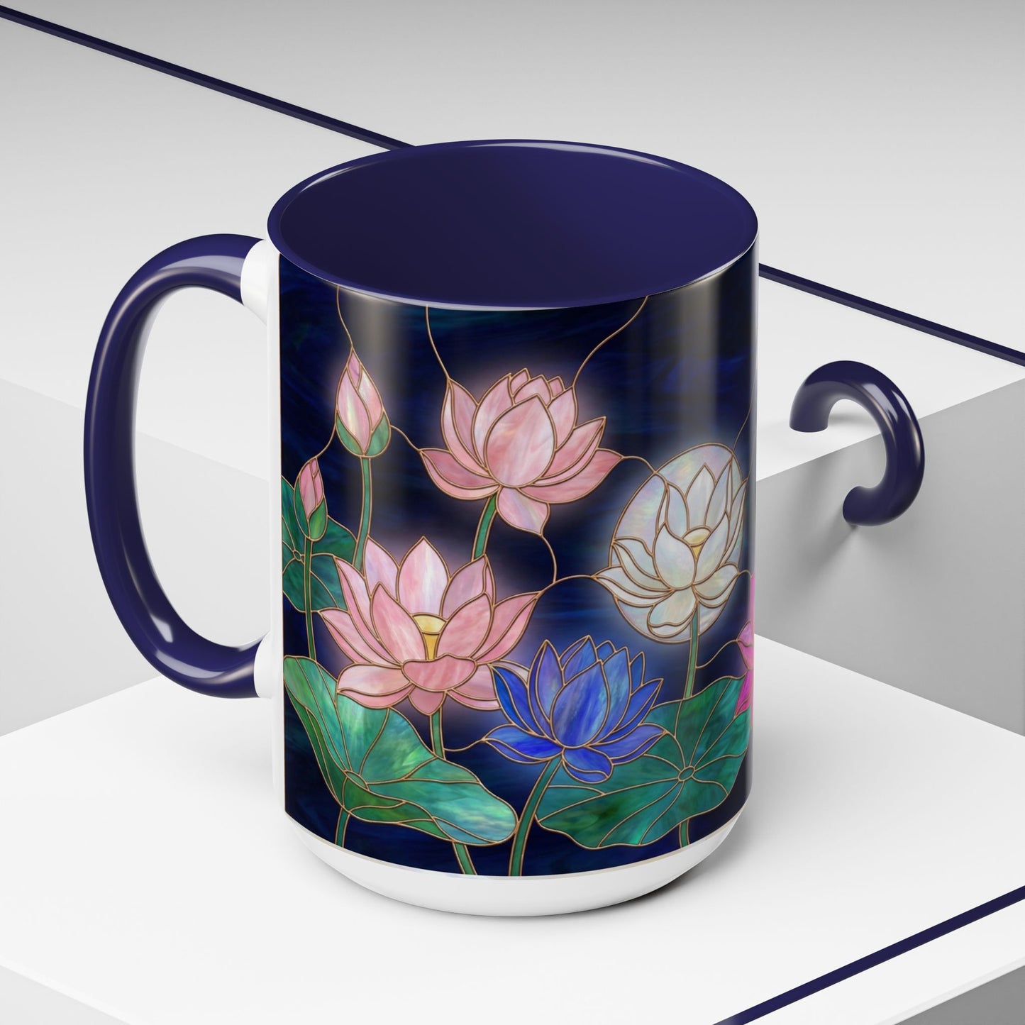 Lotus Floral Accent Coffee Mug — Stained Glass Design (11/15oz) - 14576