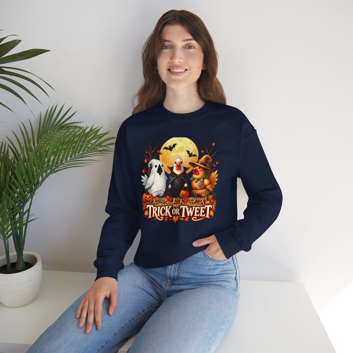 Trick or Tweet Halloween Sweatshirt, Cute Costume Chickens & Ghost Crewneck- 14512