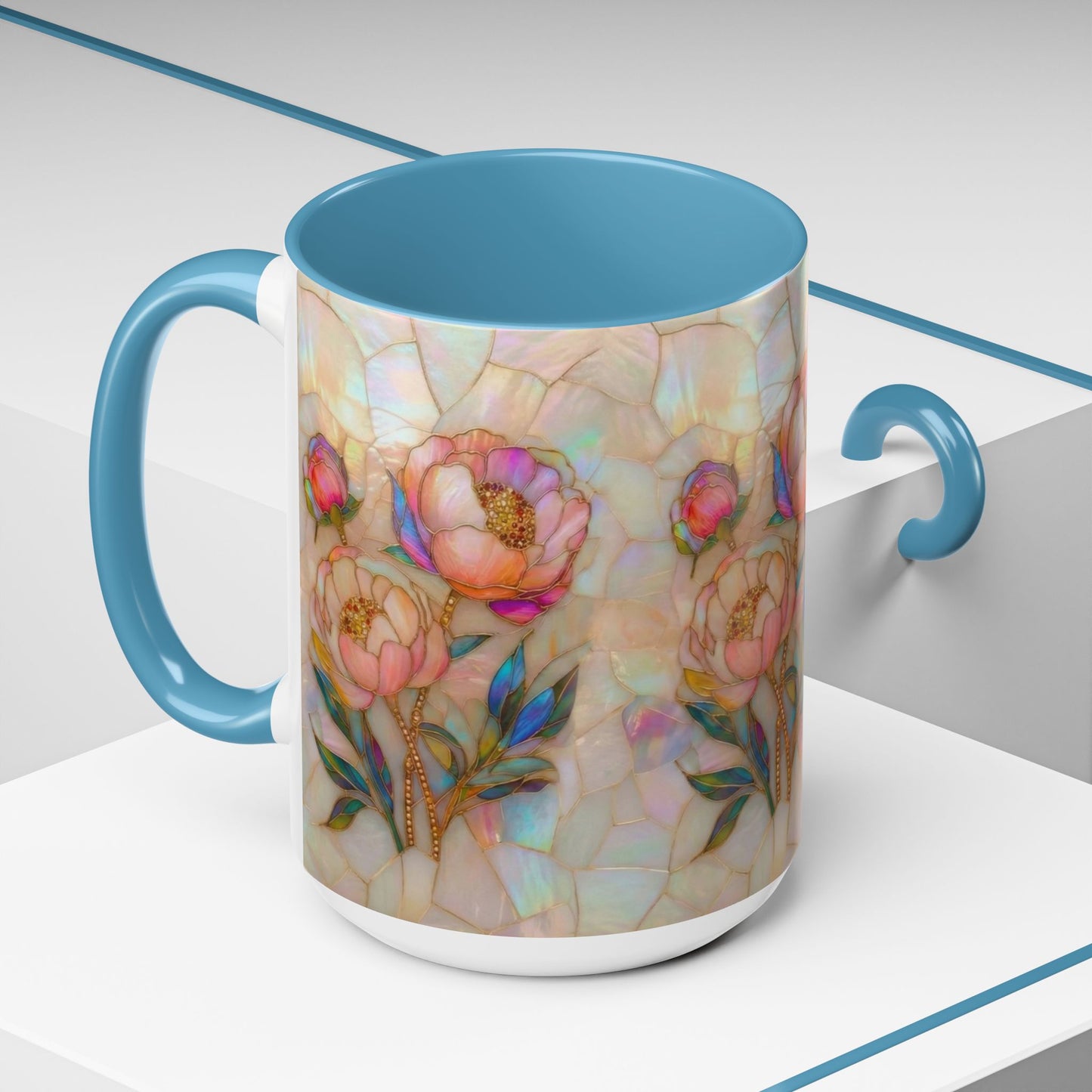 Peony Stained Glass Accent Coffee Mug – Floral Art 11/15oz - 14519