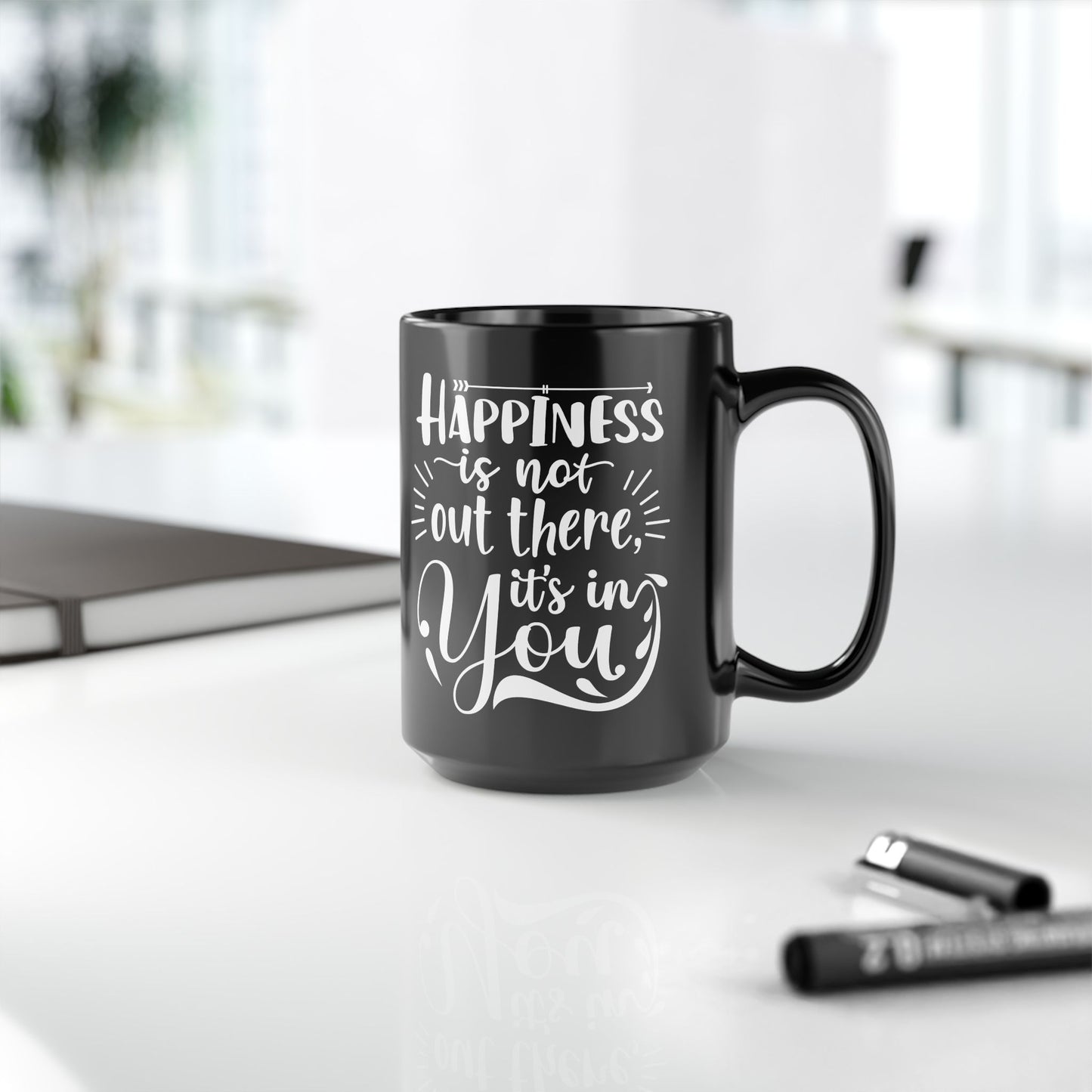 Inspirational Black Mug - Happiness Is Inside You, Funny Coffee Cup, Motivational Gift, Unique Kitchenware, Self-Care Reminder - 14074