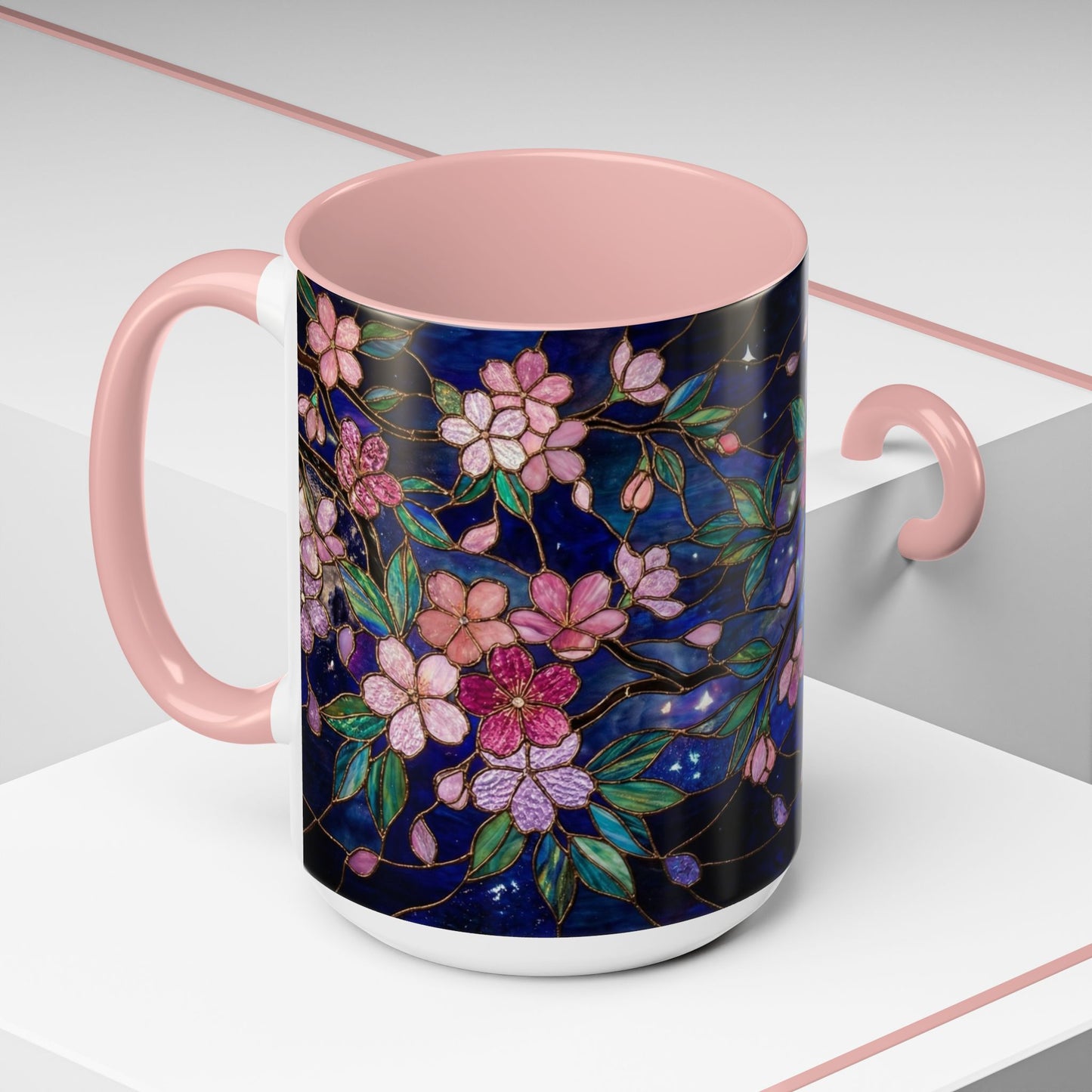 Cherry Blossom Lantern Coffee Mug — Floral Night Sky, Stained Glass Design (11/15 oz) - 14533