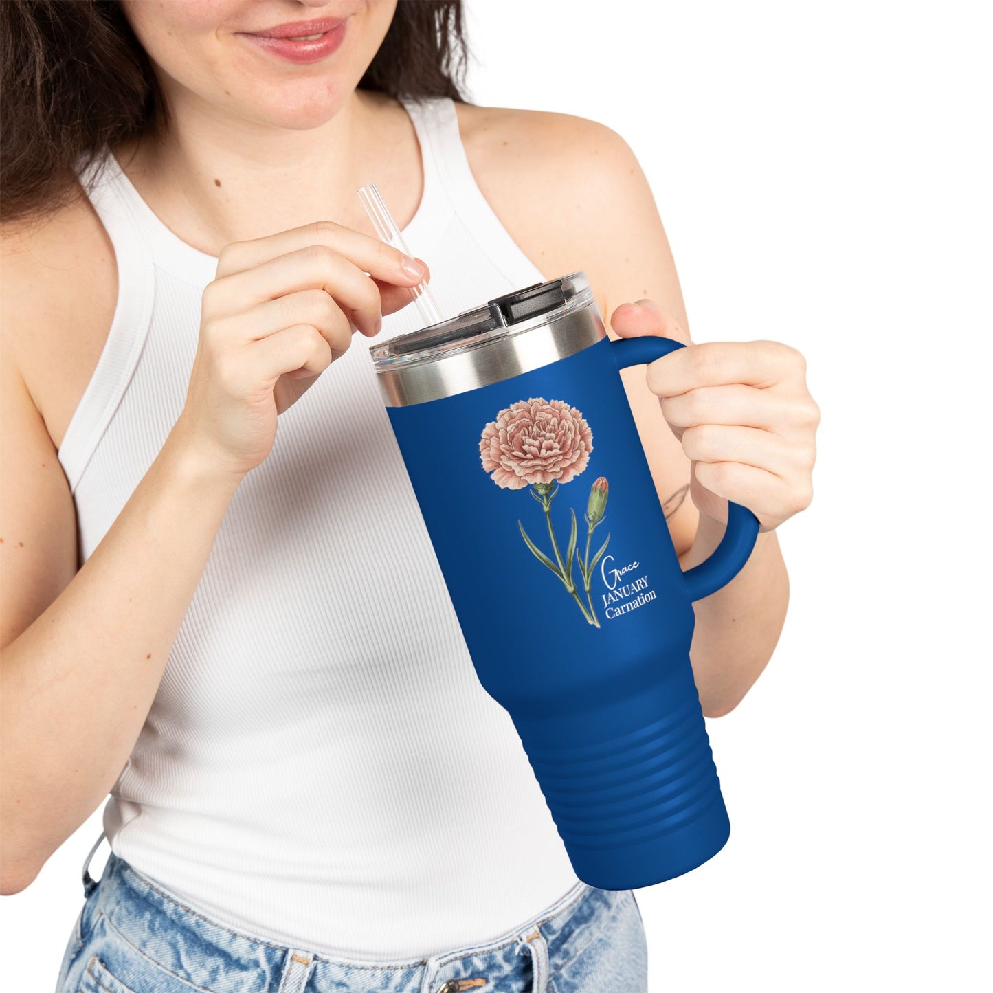 Carnation Floral Tumbler (Expressive) – January Birth Flower Gift | 40oz Insulated Travel Mug, Customizable — 14691